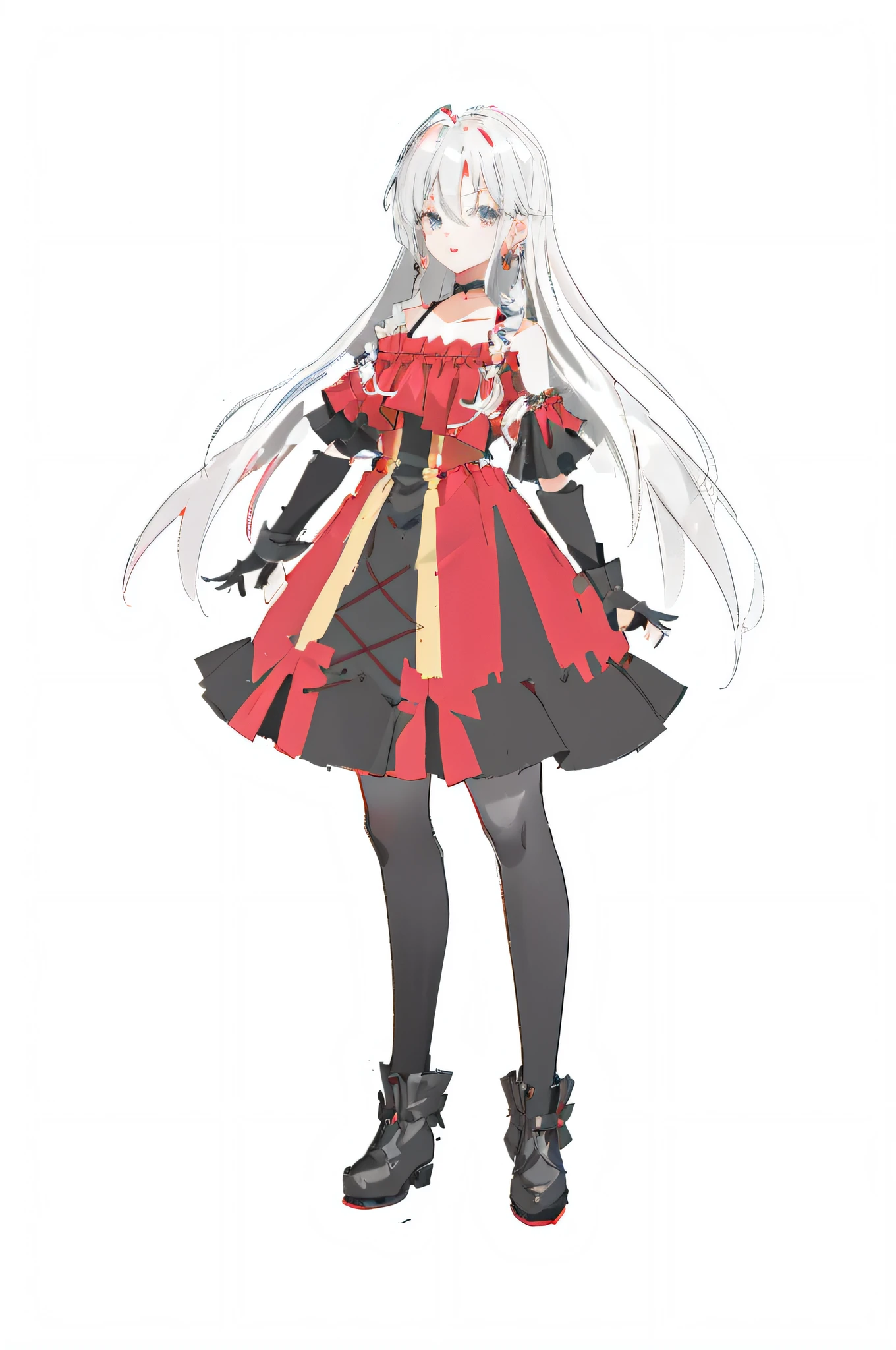 Anime girl in red dress with black gloves and red and black ta skirt, lolidress, anime vtuber full body model, grayscale phtoto with red dress, single character full body, full body! Cute anime waifu in beautiful clothes, clear costume design, full body can be adopted, full body with costume, little curve loli, beful anime character design --auto --s2