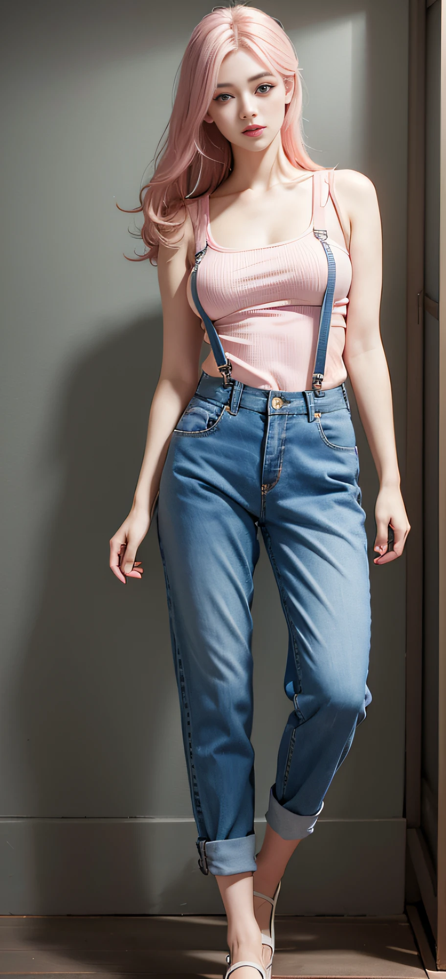 Realistic, high resolution, 1 girl, pale pink, Korean, heterochromic eyes, small mole under the eyes, casual suspenders, casual trousers, big breasts, long legs