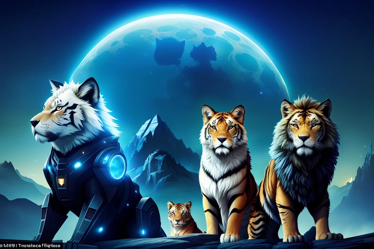 Create an image that depicts felines, wolves, tigers and lions dressed in futuristic armor, amidst a beautiful nightscape. Use dark and mysterious tones such as deep blue and purple to create the immersive nighttime scenery. Felines and wolves should be dressed in shiny futuristic armor, combining technological elements with animal characteristics, underscoring their strength and elegance. Position them in a majestic formation, as if on guard, protecting the nightscape.
The landscape should be lush, with majestic mountains and a bright moon illuminating the starry sky. Add futuristic elements such as distant skyscrapers and flying vehicles to create an atmosphere of an advanced world. Allow the image to convey a sense of power and mystery, while the guardians of the night intently watch the horizon, ready to defend and preserve the harmony of the environment.
This image should inspire admiration and spark the imagination, evoking a sense of protection and preservation of nature, even in a futuristic setting.