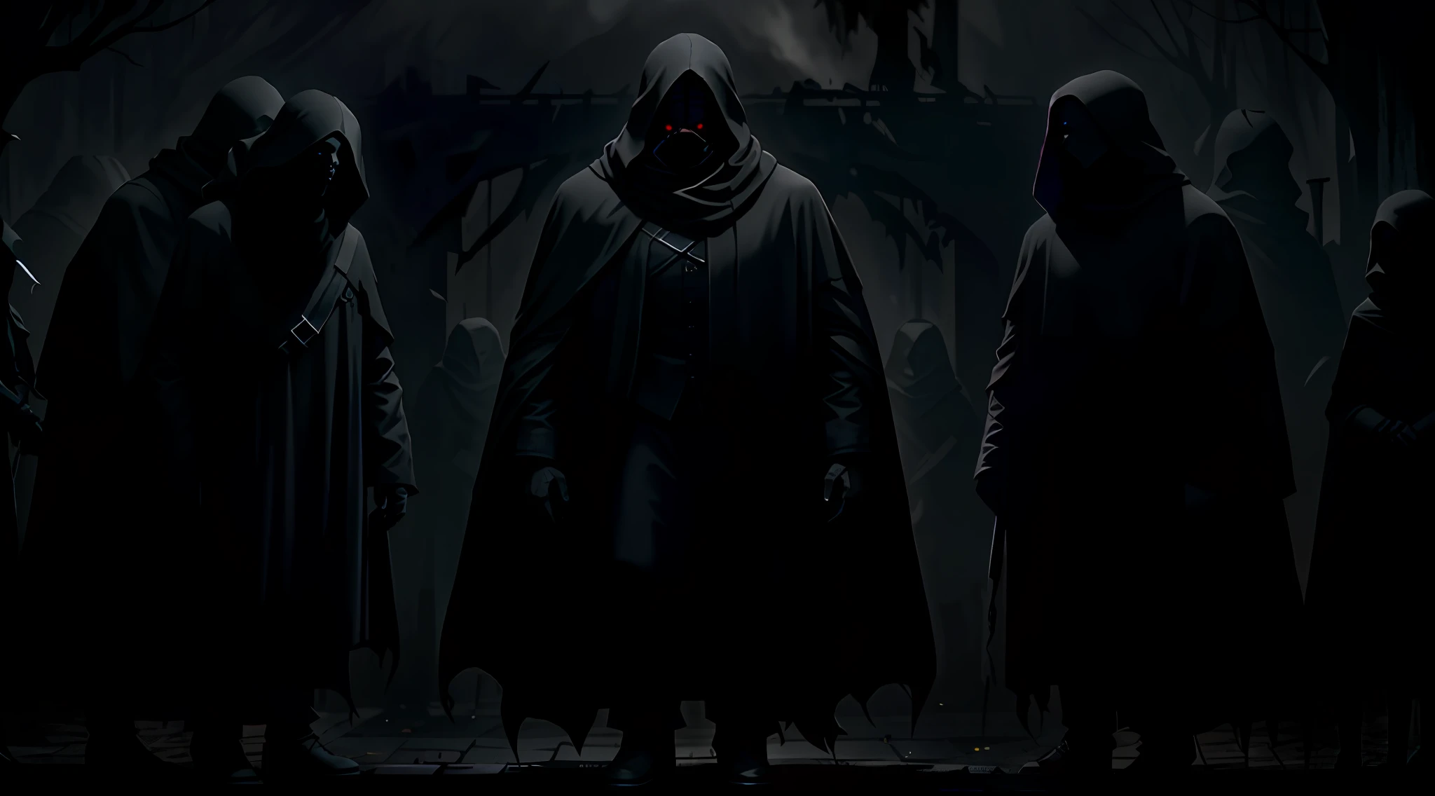 cultists silhouettes, dark scene, dark mood, horror, darkness, terror