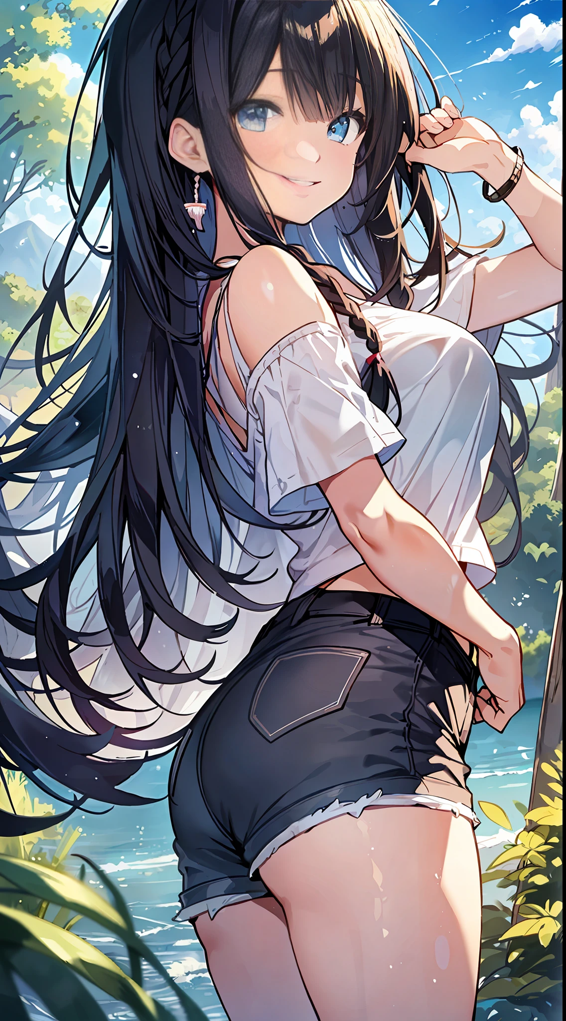 Top Quality, Masterpiece, Ultra High Definition, 8K, Summer Sky, Early Summer, ((Short Sleeve Cutter Shirt, Shorts)), Shojo Manga Style Loli, One, Soft Line Art, Digital Enhancement, Shojo Manga Touch, Shojo Manga Core, Flowing Fabric, Close Up, (Shoulder Length and Short Braid)), Wet Hair, Staring at us from the front, Soft Drawing, Beautiful Black Hair, Clear eyes, ((teasing smile)), ultra-detailed digital anime art, clear face depiction, ultra-detailed shoujo manga character art, ultra-detailed manga style, top quality colors, hand gestures, angle to see up to your feet, landscape with nature, looking up at the sky