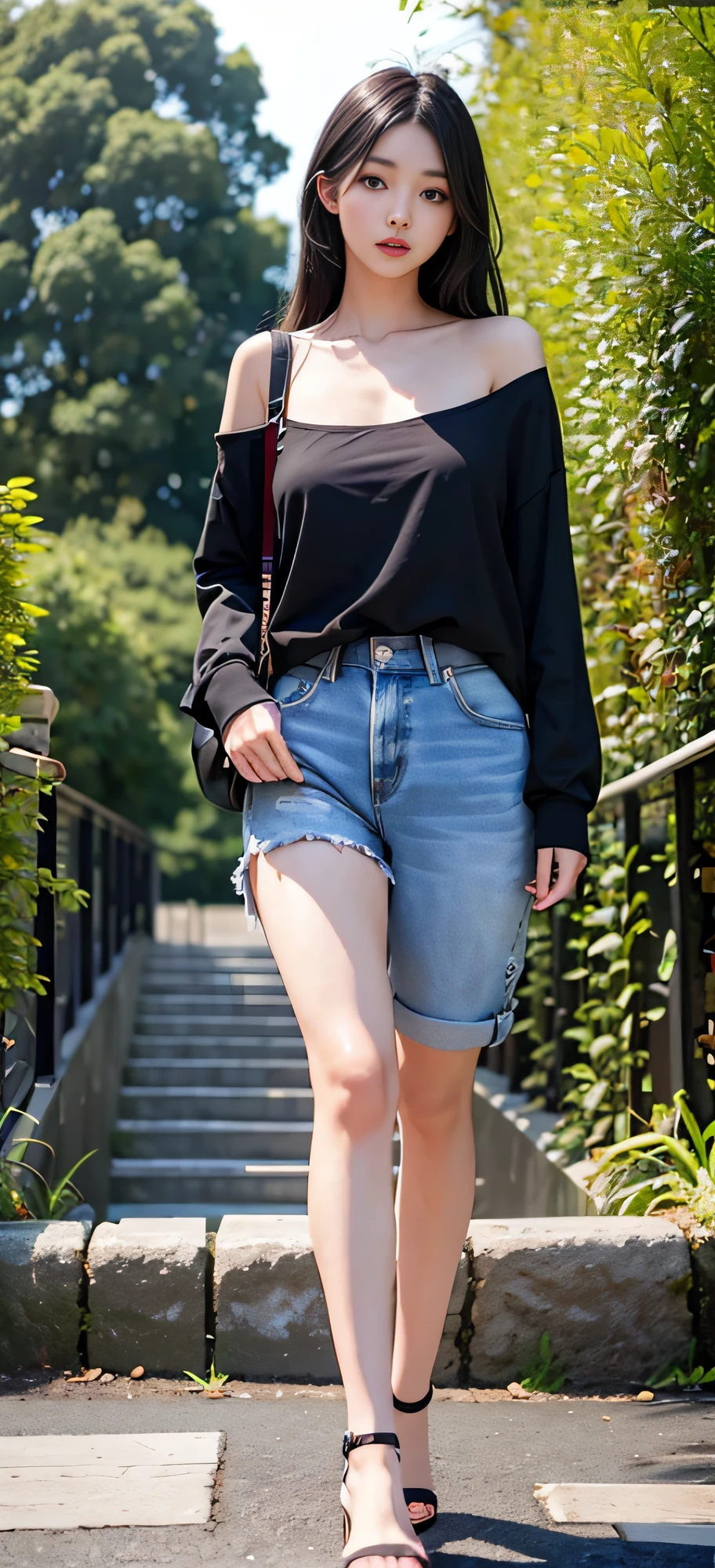 Realistic, high resolution, 1 girl, black hair, Chinese mixed race Korean, heterochromia, small moles under the eyes, casual wear, big breasts, long legs, outdoor scene