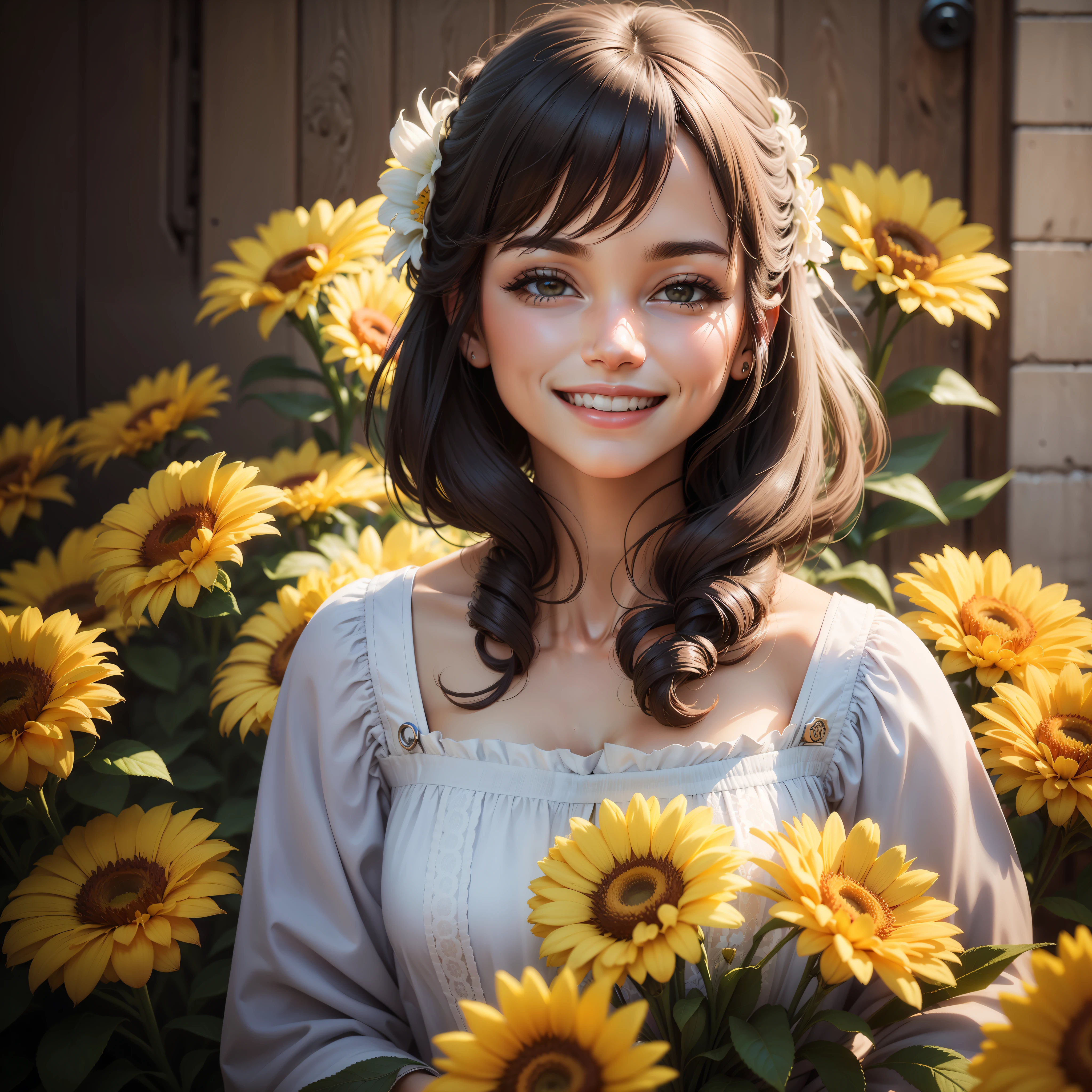 A photo of a smiling woman with flowers, Nikon D850, 85mm lens