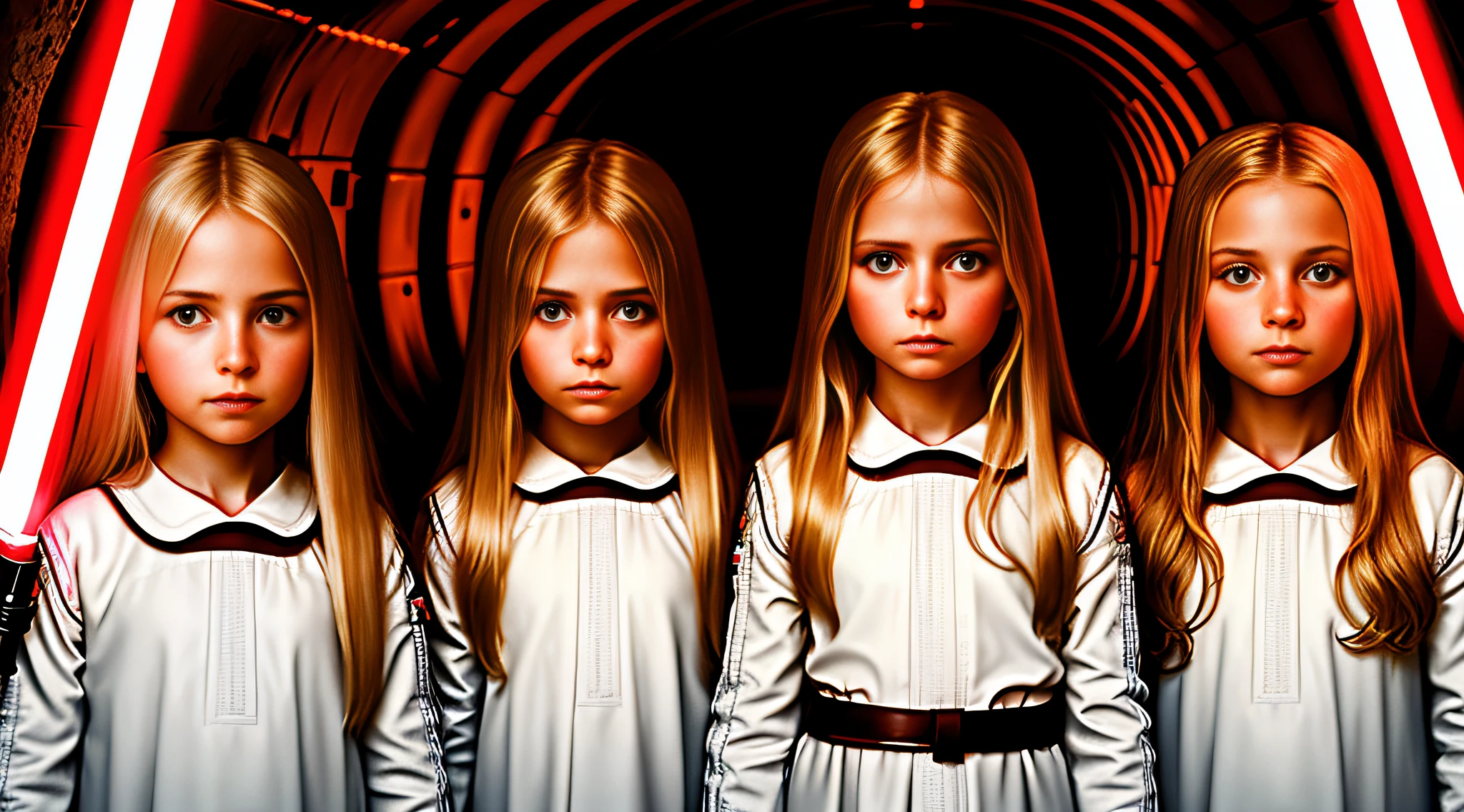 4 GIRLS Russian children with 20 years WITH LONG STRAIGHT BLONDE HAIR, PORTRAIT STYLE, , CLOSEUP standing in a tunnel with a red lightsaber, 4K lightsaber wallpaper, digital art