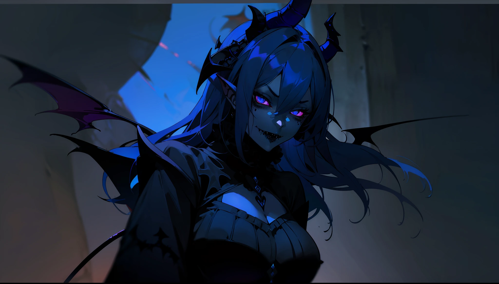 hd (((Milf Horned Demon)))), demonic wings, and with (very blue skin) and black hair wearing (((((Gothic clothes)))) (((blue skin)))