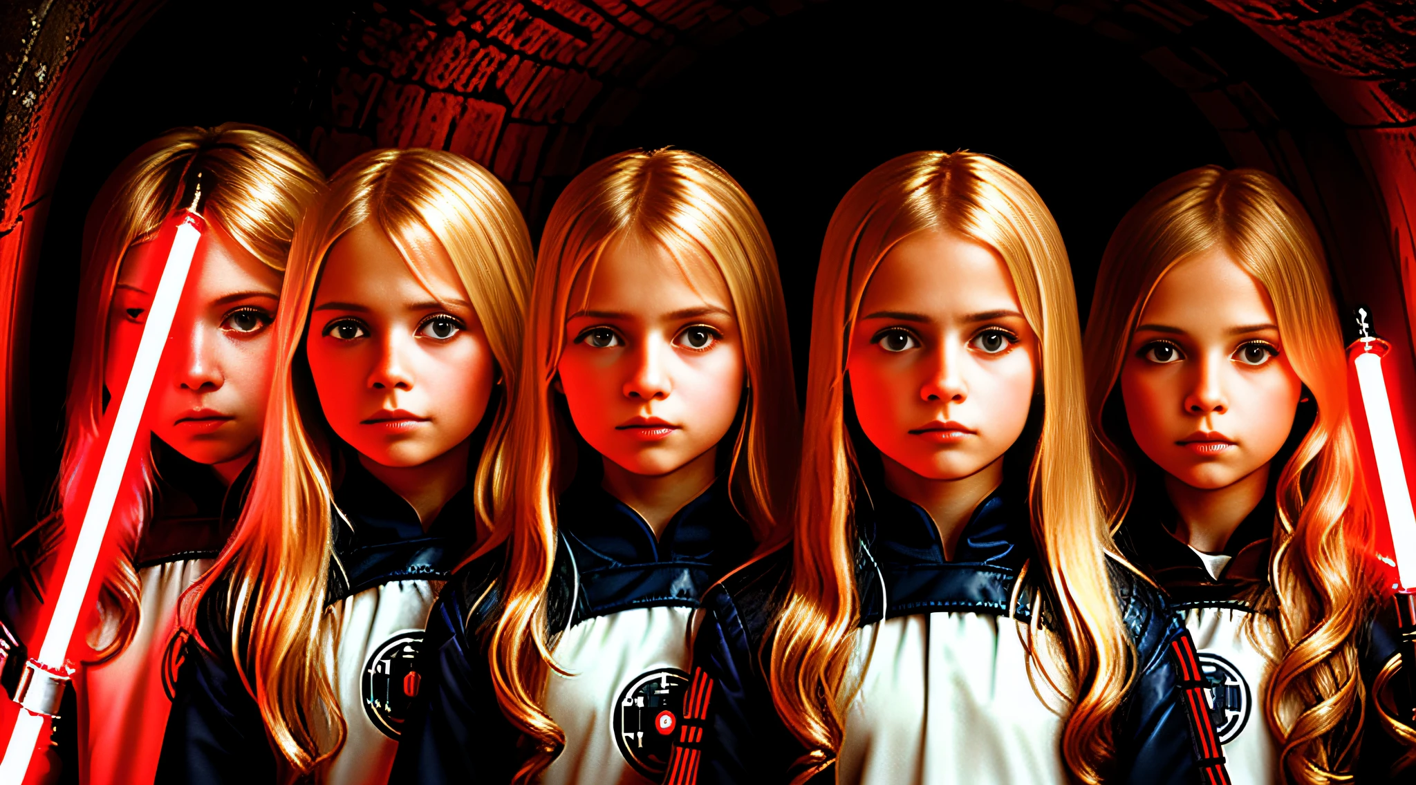 4 GIRLS Russian children with 20 years WITH LONG STRAIGHT BLONDE HAIR, PORTRAIT STYLE, , CLOSEUP standing in a tunnel with a red lightsaber, 4K lightsaber wallpaper, digital art