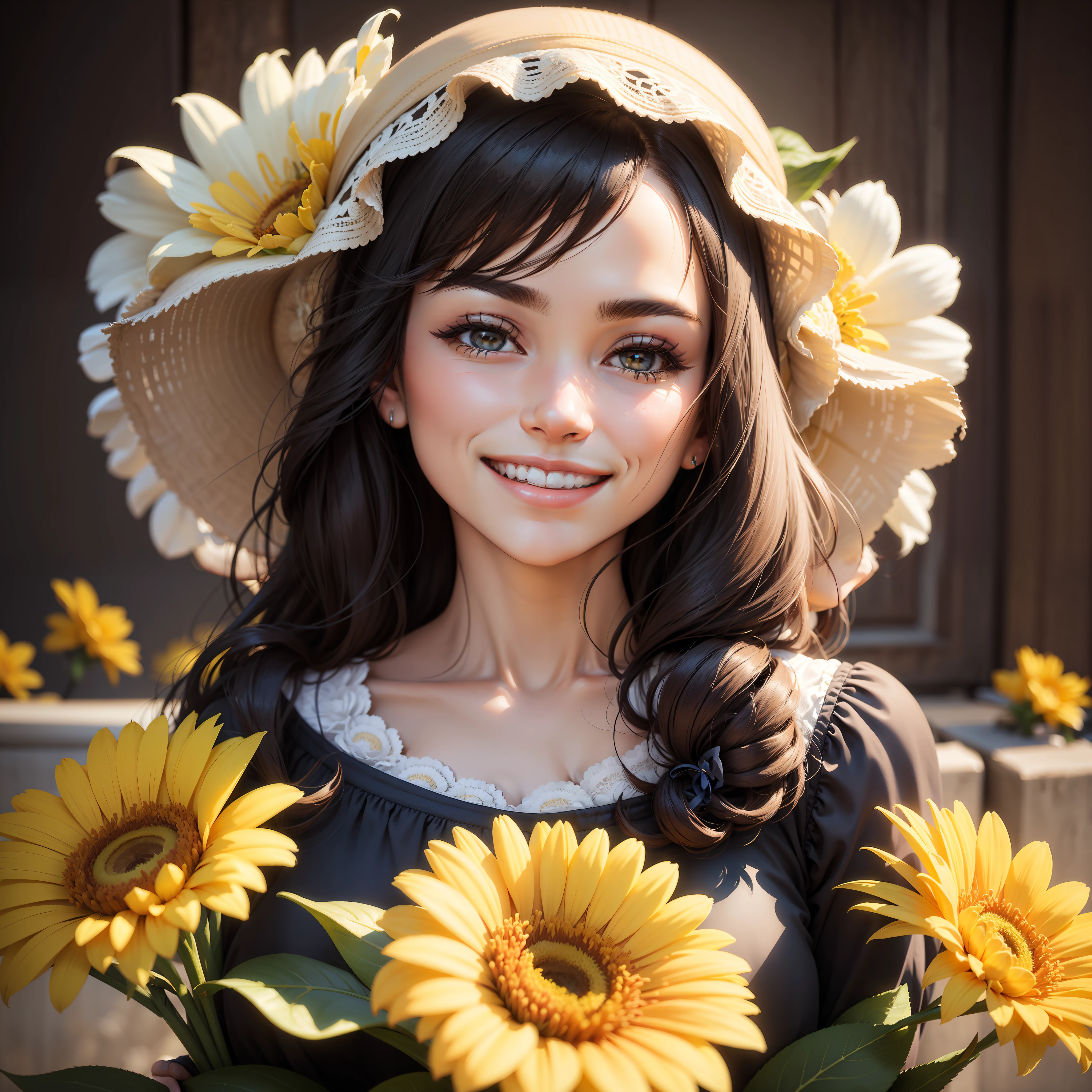 A photo of a smiling woman with flowers, Nikon D850, 85mm lens