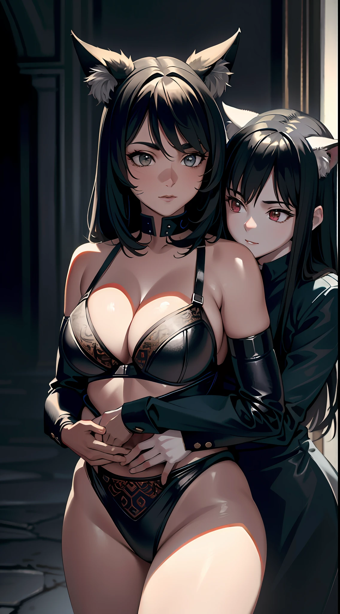 (masterpiece, best quality, 8k, sharp focus, depth of field, best shadows, perfect lights, HDR, realistic skin texture, hyper detailed background), ((2 women)), using catcosplay lingerie, huggingg, catbrawl, friendly hussle