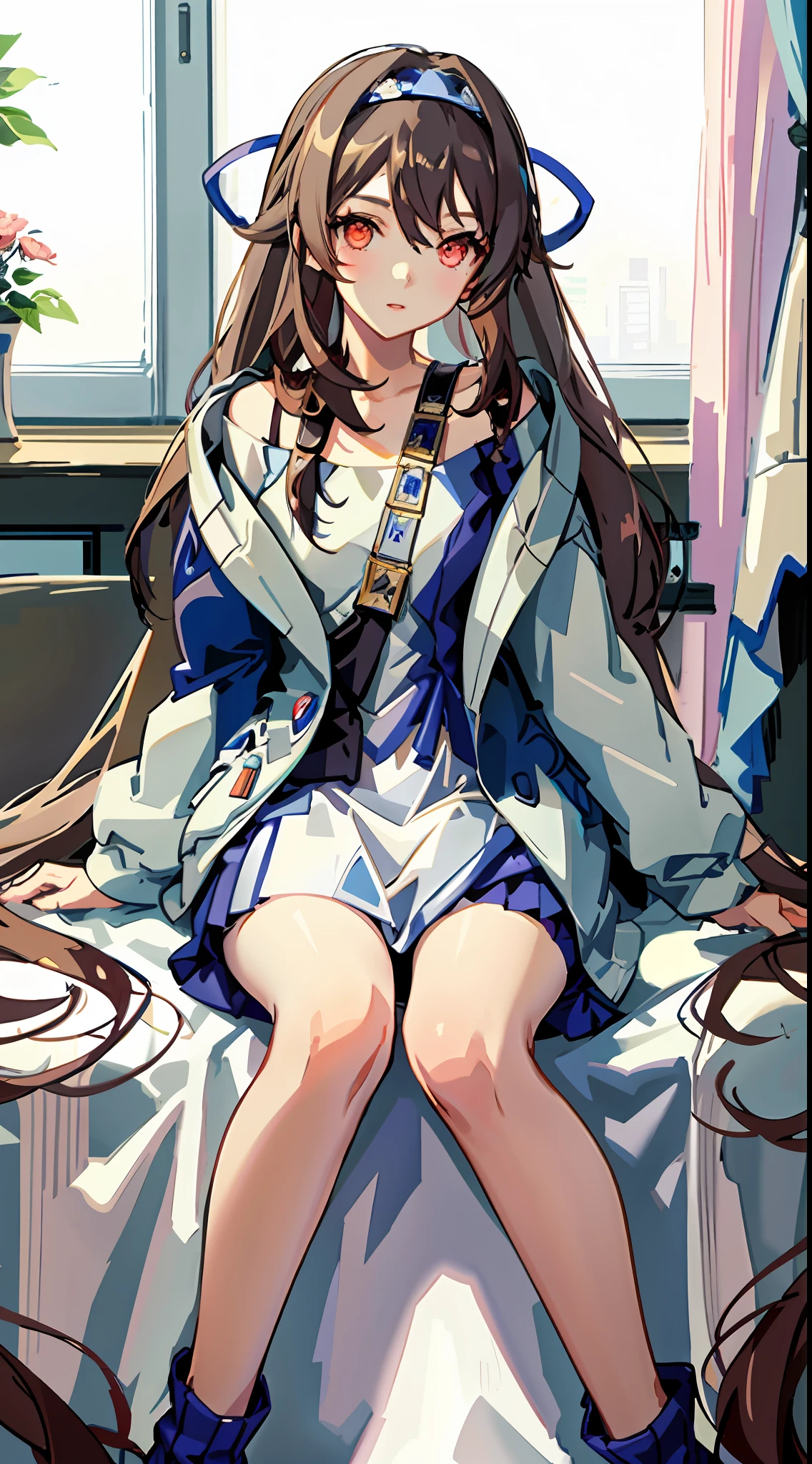 Anime - Style image of a woman in a white dress sitting on a bed, beautiful and seductive anime woman, white stockings, exquisite details. Girl Front, From Girl Front, Azure Lane Style, | Fine Details Anime, in a Dress, Smooth Anime CG Art, Anime Goddess, 16k, Highres, Masterpiece