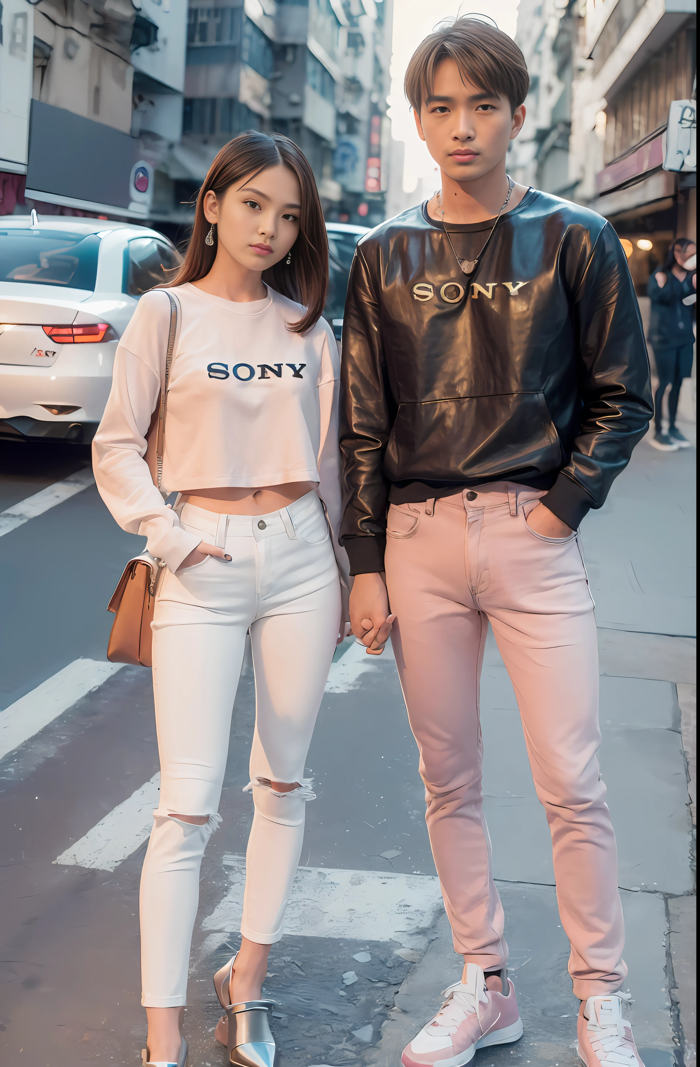 A couple, 23 years old, (man wearing leather sweatshirt on top and light silver jeans on bottom: 0.8), eye details depicted finely, correct facial proportions, (woman wearing brown silk long sleeves on the upper body, light pink jeans 0:8 on the lower body), (best quality, masterpiece, 8K:1.2), ultra-detailed, soft light, on the streets of Hong Kong in the 80s, sharp focus, (full body:1.2)，(Sony a7m4,80mm,f2.4,RAW photo:1.6)，