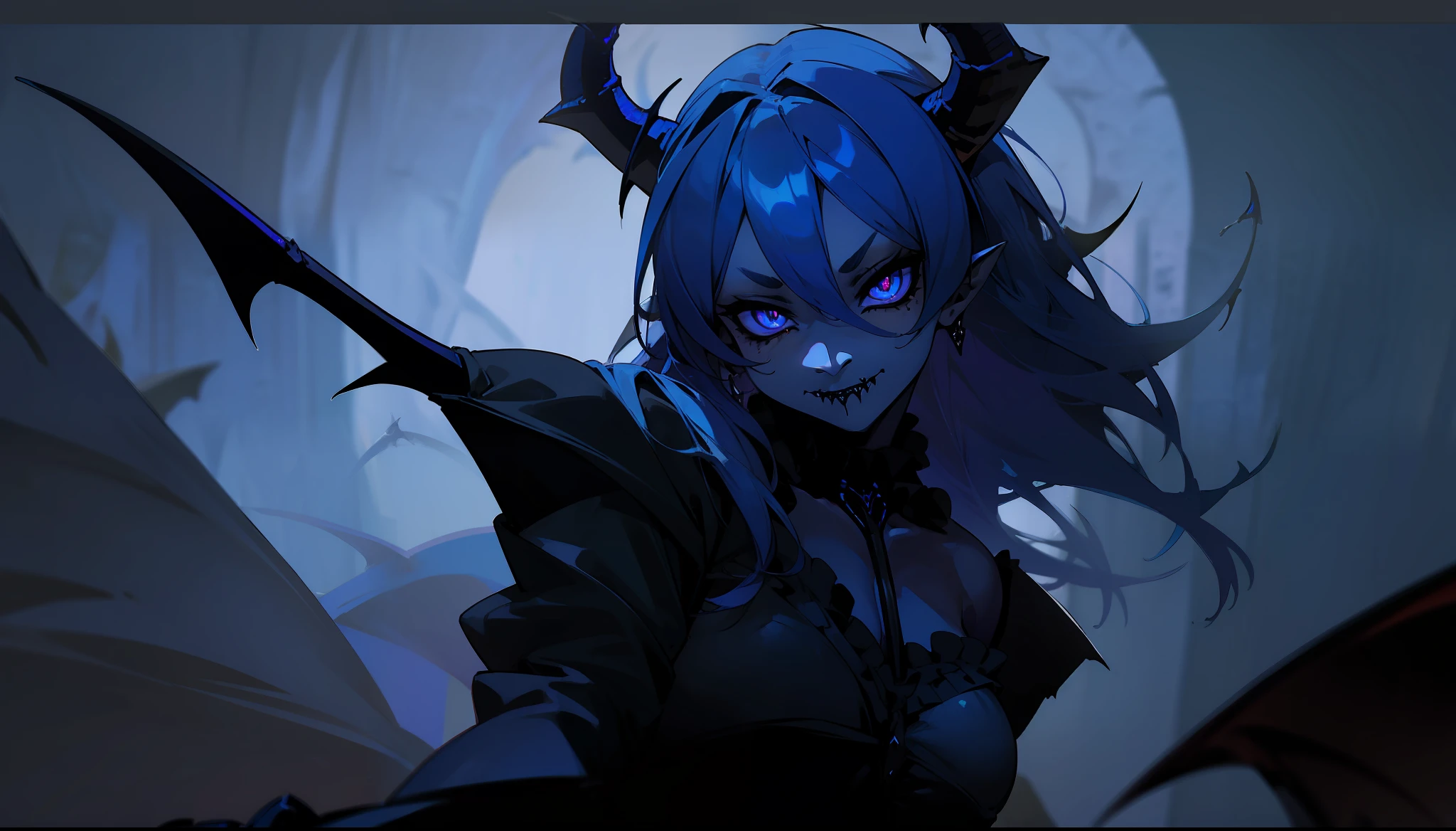 hd (((Milf Horned Demon)))), demonic wings, and with (very blue skin) and black hair wearing (((((Gothic clothes)))) (((blue skin)))