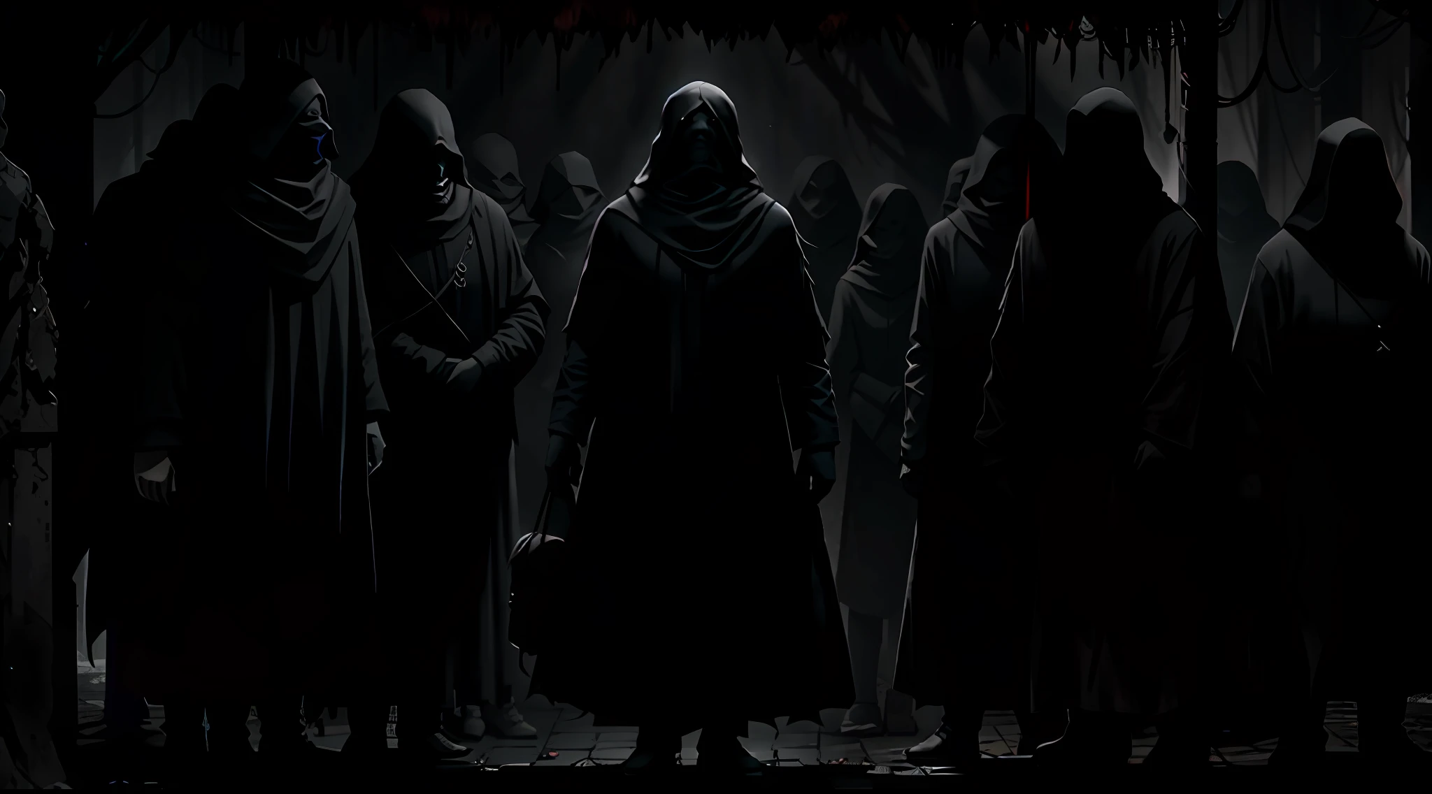 cultists silhouettes, dark scene, dark mood, horror, darkness, terror