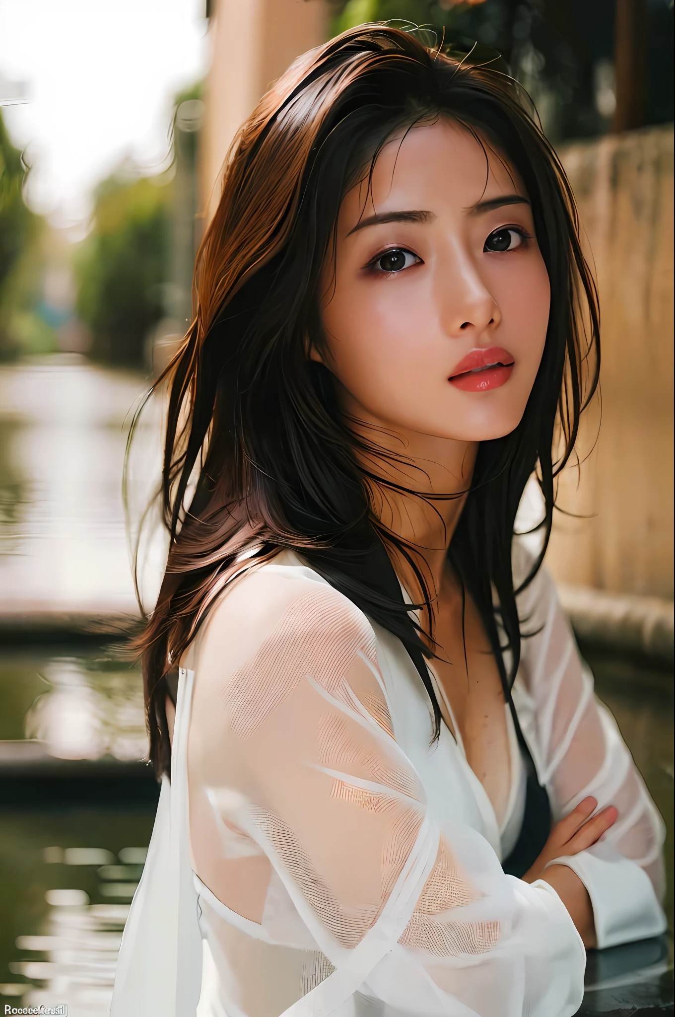 Top Quality, Masterpiece, Ultra High Resolution, (Photorealistic: 1.4), Raw Photo, 1 Girl, Dark Hair, Glossy Skin, WET BODY, Dramatic Lighting, Full Body, Sexy Pose, Micro Bikini, Small