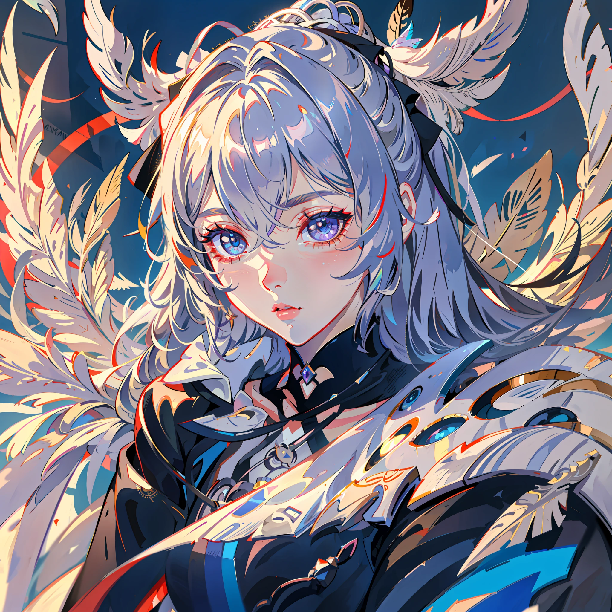 bronya zaychik (silverwing n-ex), ((masterpiece)), (((best quality))),((beautiful detailed eyes)),(eyelash),(1 girl),Shiny skin,oil,(bird body,feather), extremely detailed CG unity 8k wallpaper,close face,red nose,blush,Background of Love