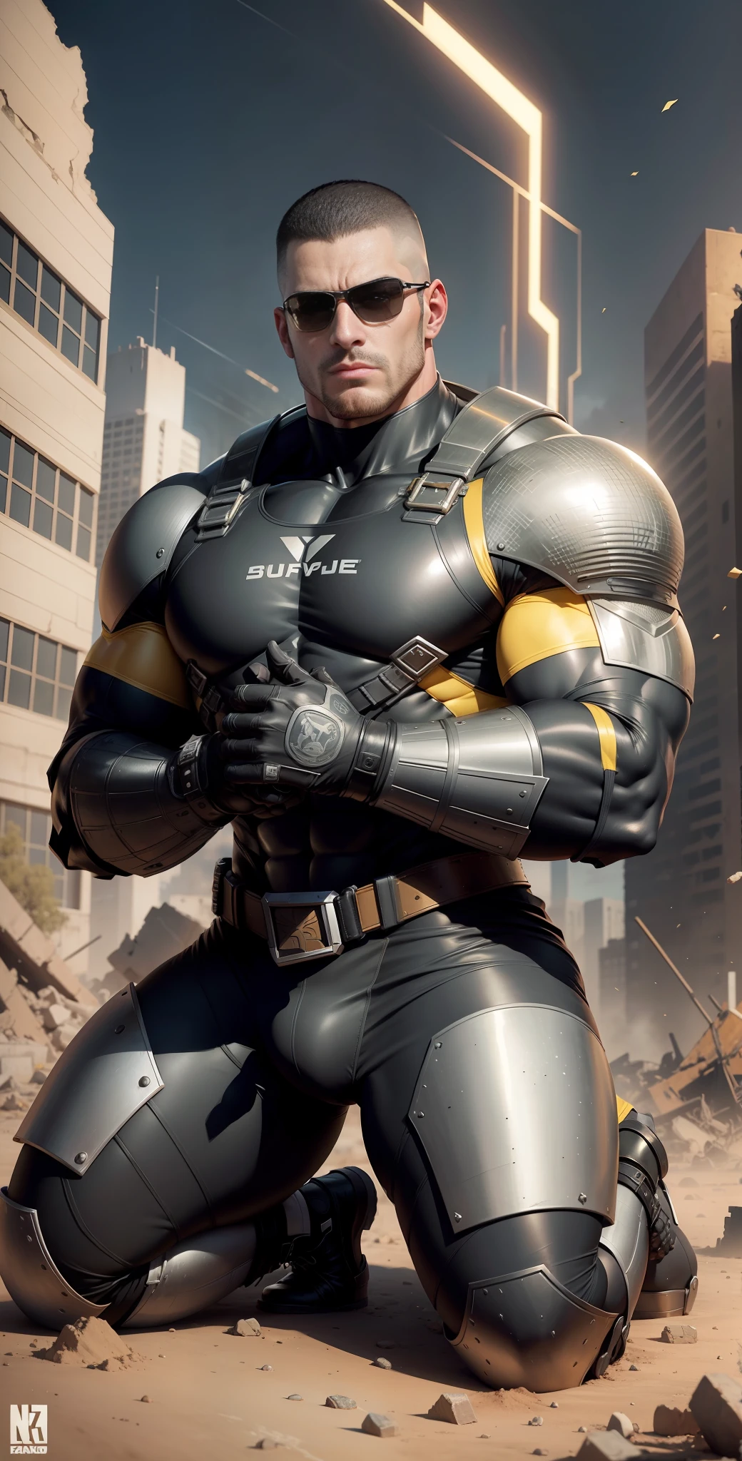 Arad man in yellow and black clothes kneeling in desolate ruins with his head in his hands, muscle male hero, Buzz Cut, heroic male pose, tall and burly, muscular! Wearing black sunglasses with sad expression, stealth suit, symmetrical pattern texture design, super buff and cool, high resolution committee, character design police, black military boots, attractive strong male with armor