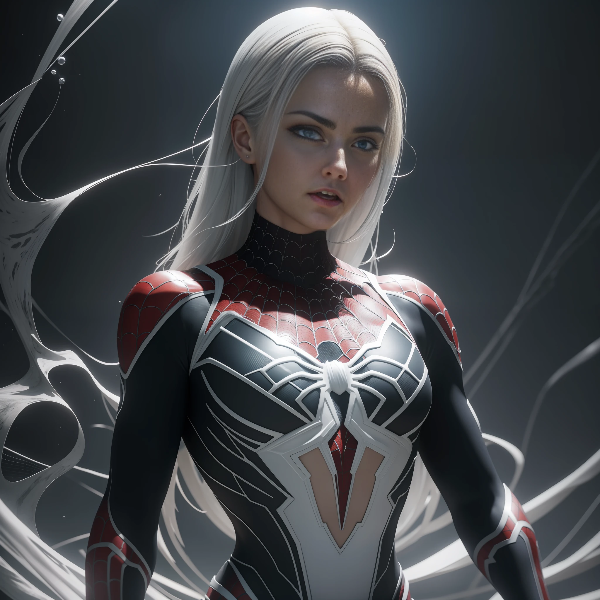 (8k, foto RAW, melhor qualidade, obra-prima: 1.2), ultra detalhado, arte oficial, foto-realista: 1.37, spider man, black suit, spider in the center of your chest in white, organic looking clothing, gooey testura, symbiote, white eyes, fine art, PS5 cinematic screenshot,highly detailed detailed cinematic rendering, ultra photorealistic raytricing, with cinematic lightingpose de ação