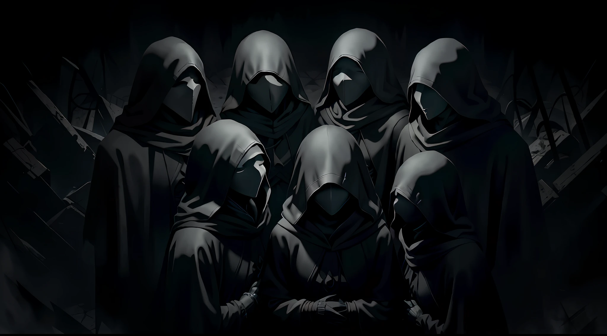 a group of white masked black hooded cultists, dark scene, dark mood, horror, darkness, terror