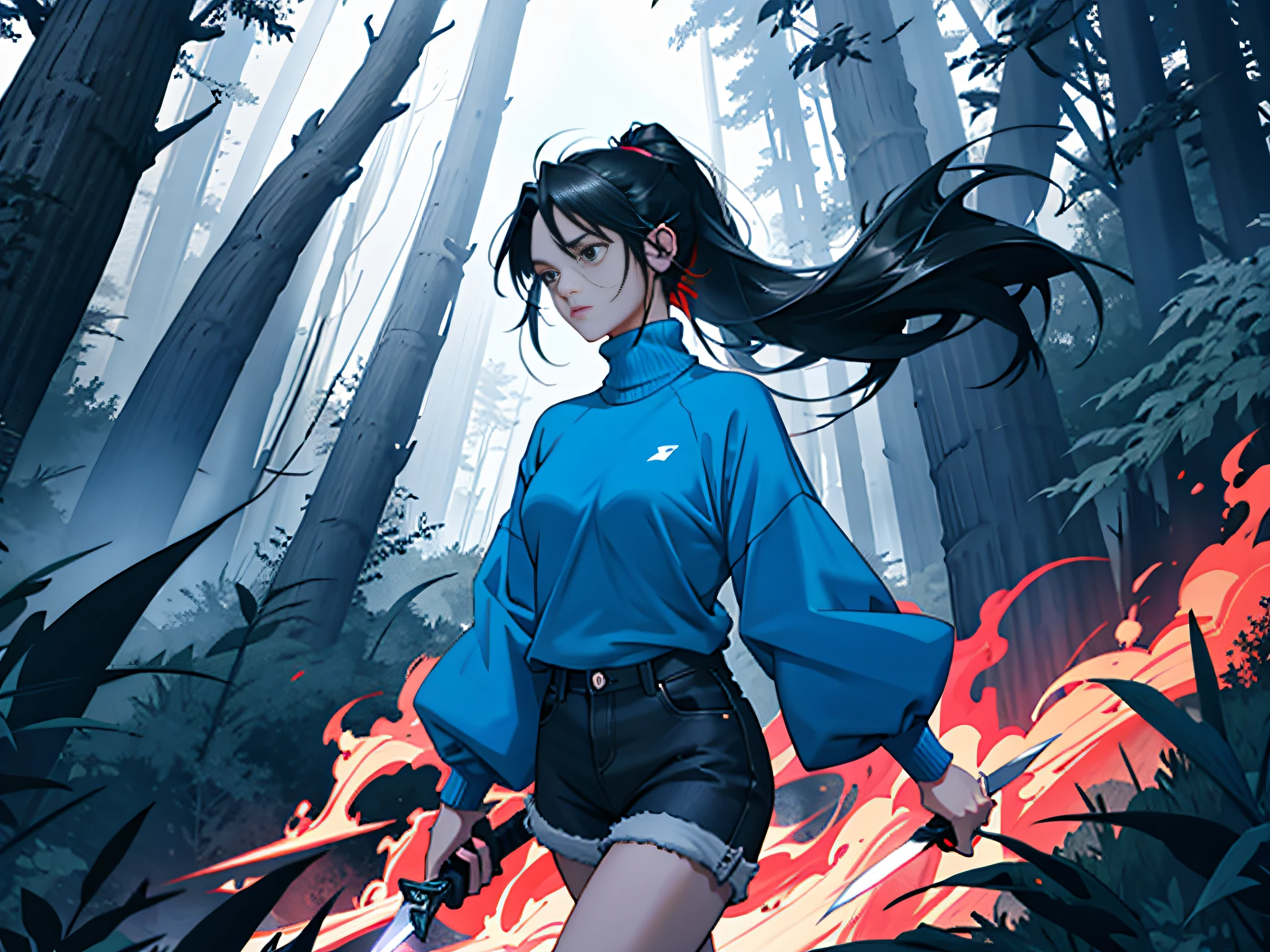 A woman walking on a forest path, dark blue long ponytail, blue sweater, denim shorts, holding a long sword in her hand, with a scared expression, the background is trees and the sky, surrounded by red flames, blue lightning, red lightning, vulgar sports, phenotypic dynamics and multi-angle light and shadow effects, generating 16K level detailed pictures,