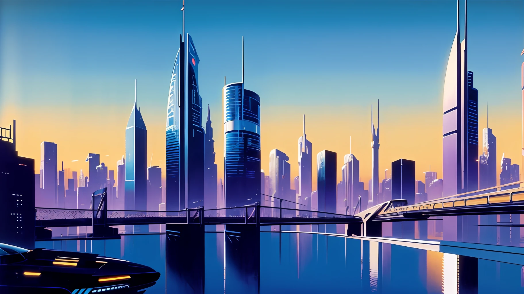 art by Syd Mead, retrofuturistic city skyline, high resolution, high quality, masterpiece, HD,