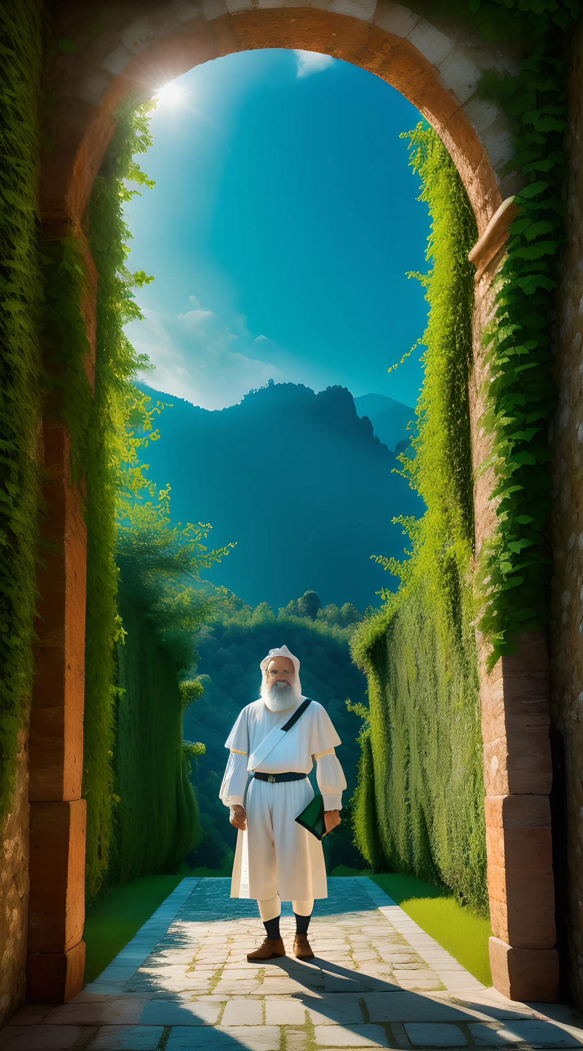 (best quality, ultra high res, CGI, official art by Greg Rutkowski:1.2), Galileo Galilei, thoughtful and determined, (16th-century attire:1.2), holding a vintage telescope, standing before his (rustic Italian villa:1.1), ivy-clad walls, red tiled roof, under house arrest, (lush greenery enveloping the scenery:1.4), verdant vineyards, Tuscan hills in the backdrop, serene atmosphere, cool colors, looking at viewer.