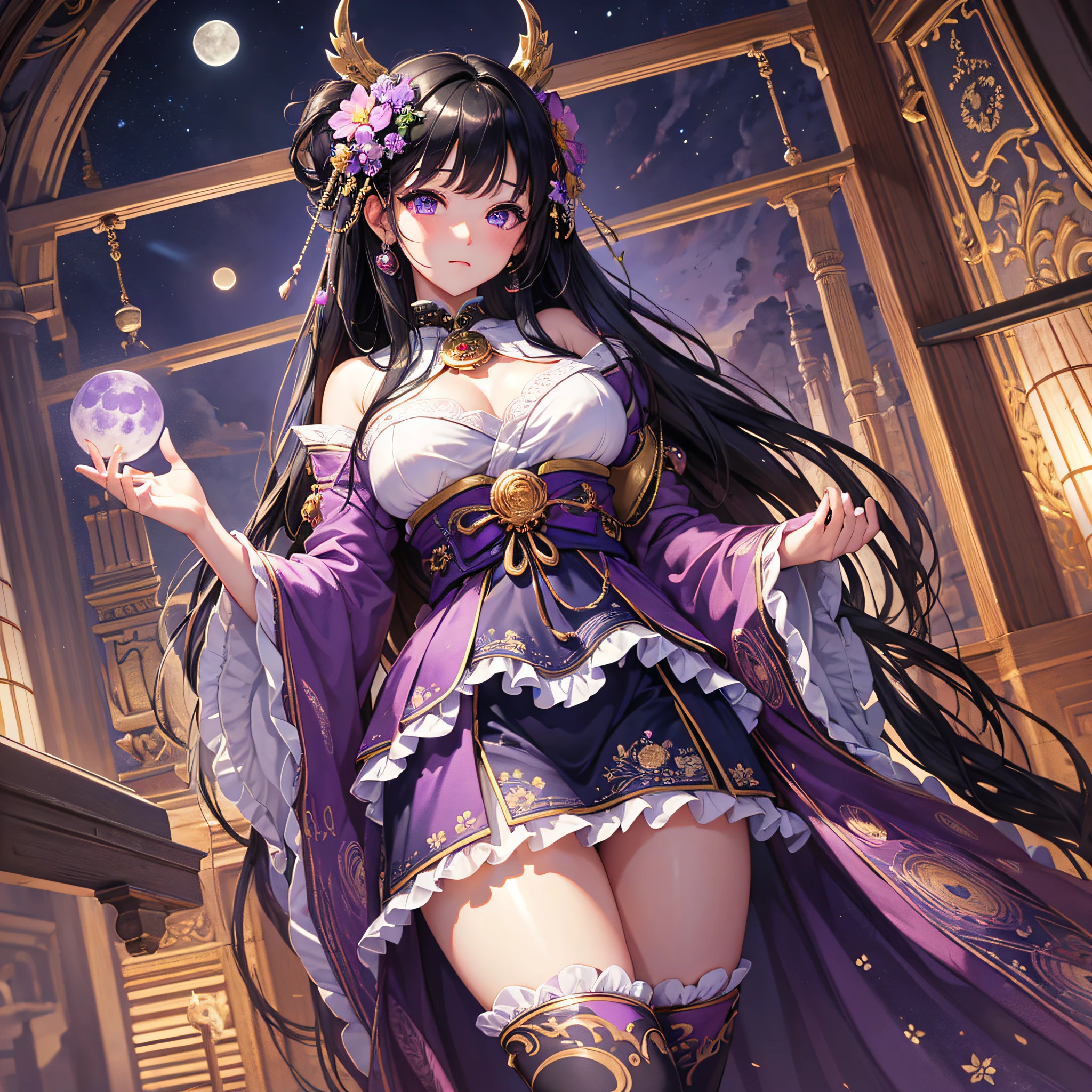 masterpiece, best quality, ultra-detailed, high resolution, extremely detailed CG, textile shading, perfect anatomy, beautiful detailed eyes, a pretty woman, 1girl, shrine maiden, night, moon, beautiful black hair, beautiful purple eyes, glow eye, embarrassed, very wide shot, full body, blunt bangs --auto --s2