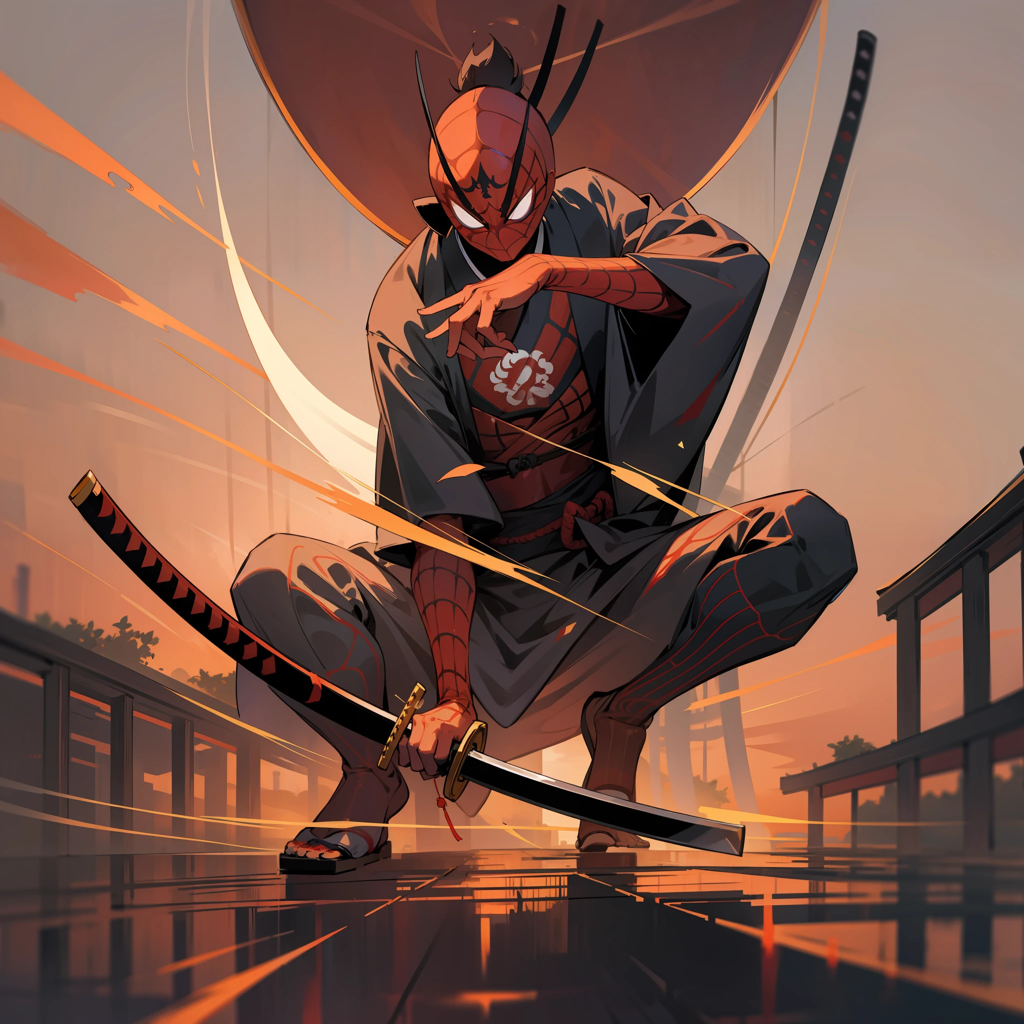 Samurai spider-man, clad in medieval japan clothes, katana, sunset