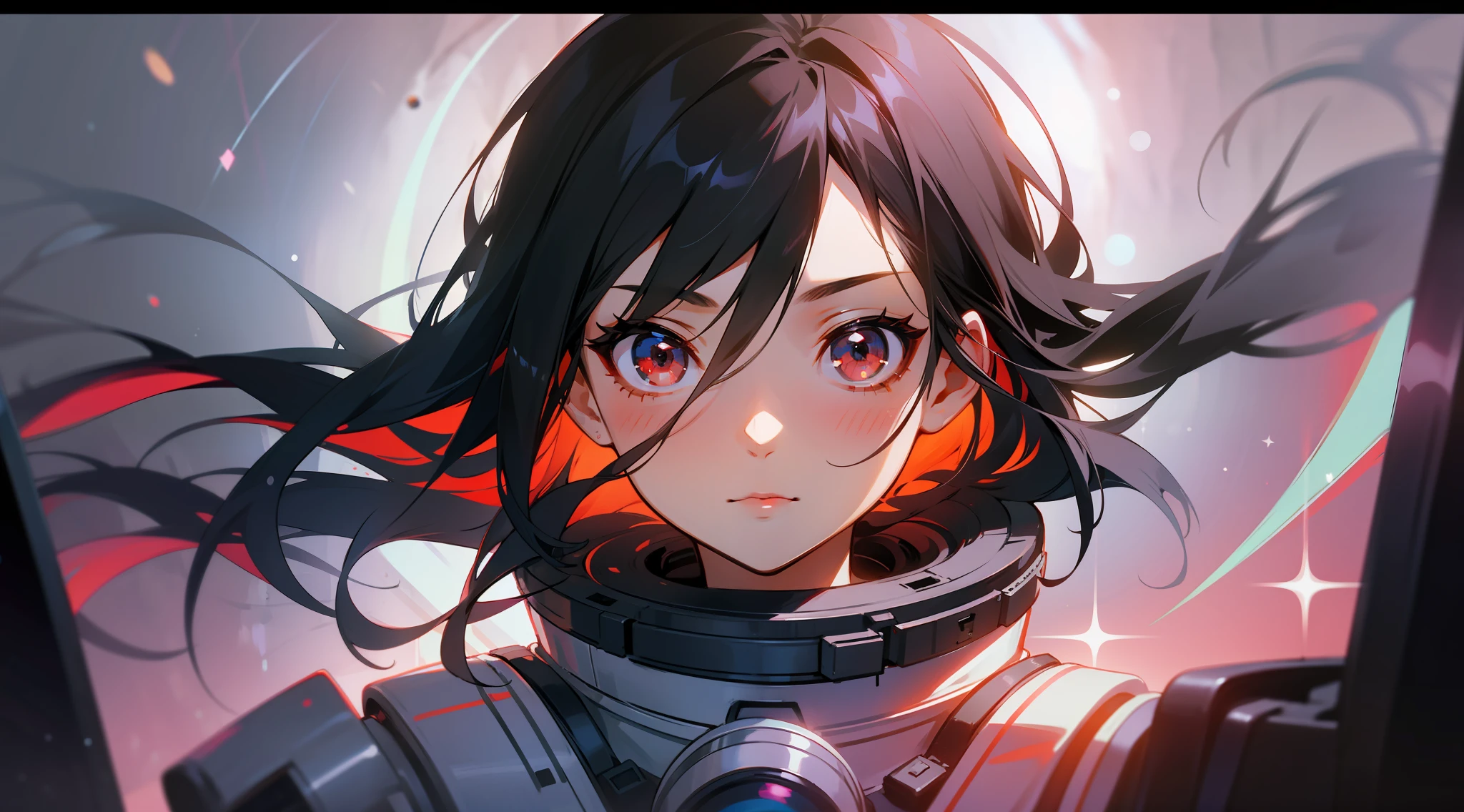 1girl, flat chest, cute, beautiful and detailed eyes, life on the space station, mirror props, shiny hair, visible through hair, hair between the eyes, white monochrome, , Soviet Union, communism, black hair, red eyes, vampires, girl, poor breasts, space suit: blurred foreground, HD, depth of field, bokeh, bust, medium shot, 56mm lens