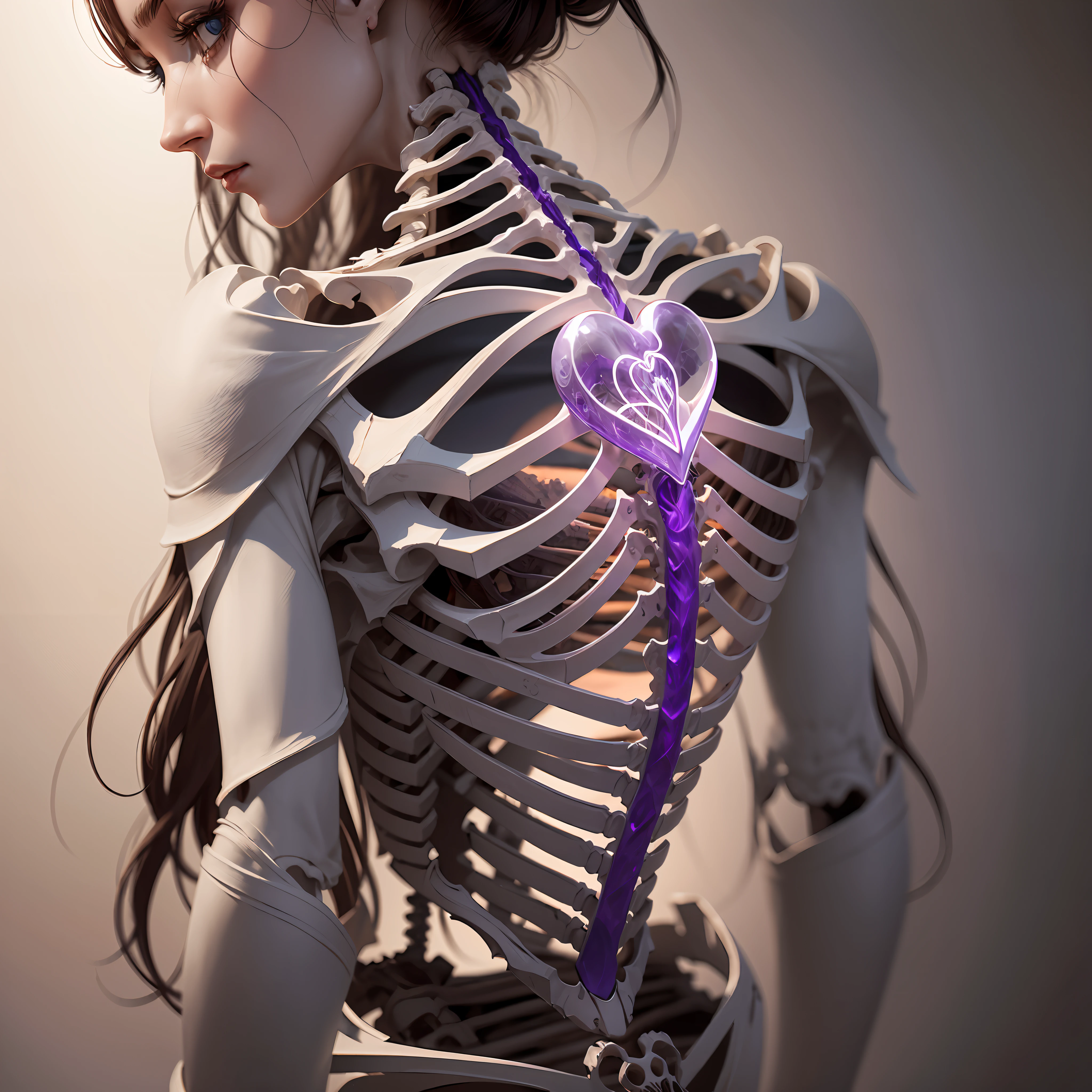 The design unfurls before your eyes, a starkly realistic human skeleton, each bone etched with meticulous detail, cradling a heart that pulses with lifelike color and other organs, each rendered with an artist's precision, nestled within the protective cage of ribs --auto --s2