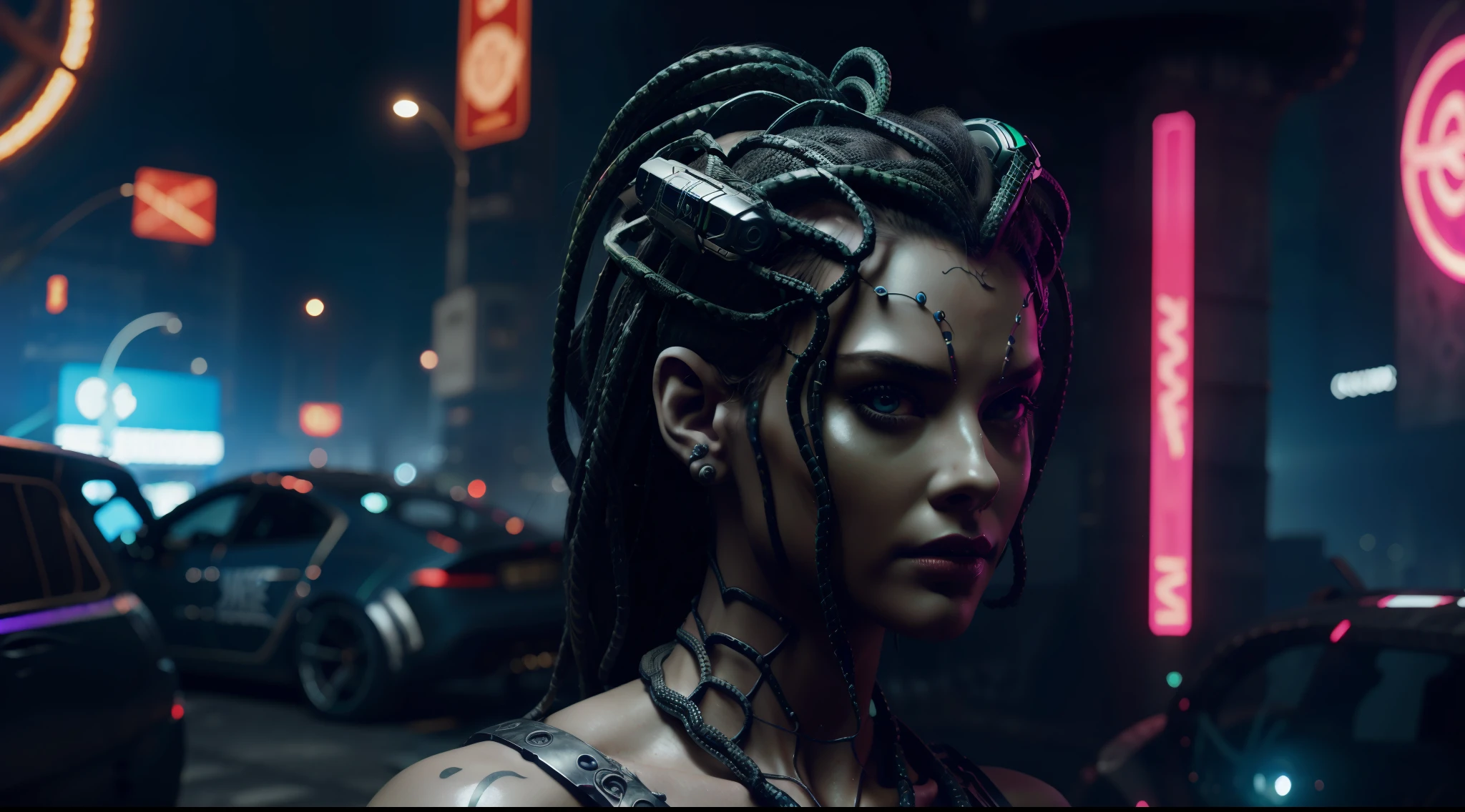 Medusa, from Greek mythology, with snakes on her head, alone, from the trunk up, with cybernetic enhancements, cyberpunk city background, vibrant, photorealistic, realistic, hyper-realism, insanely detailed, dramatic, dark, sharp focus, 8k