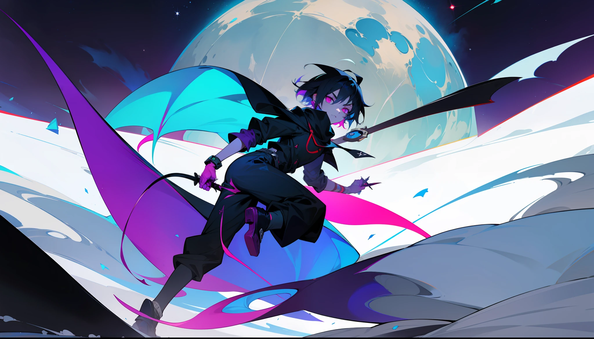 Human Edgy Dark Emo Using a Colored Sickle in the Midst of the Cosmos