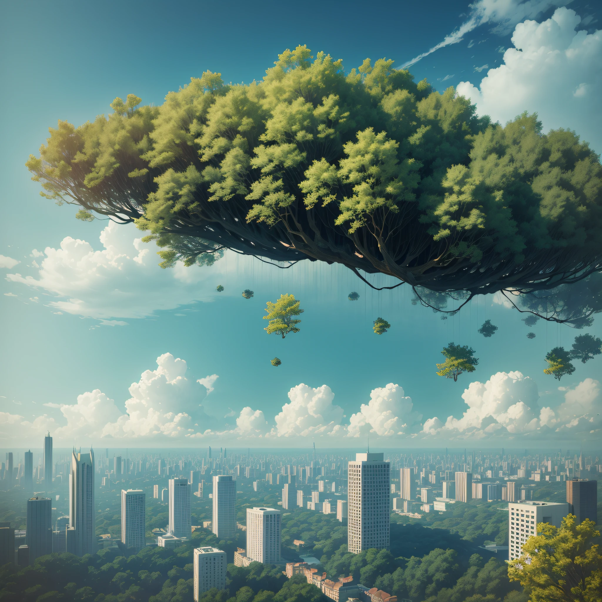 Floating Forest: A huge forest suddenly appears above the city and floats in the air. The trees are spreading their branches and leaves, swaying in the wind, but there is nothing underneath, just the sky. Why did this strange phenomenon happen? How are people reacting? --auto --s2