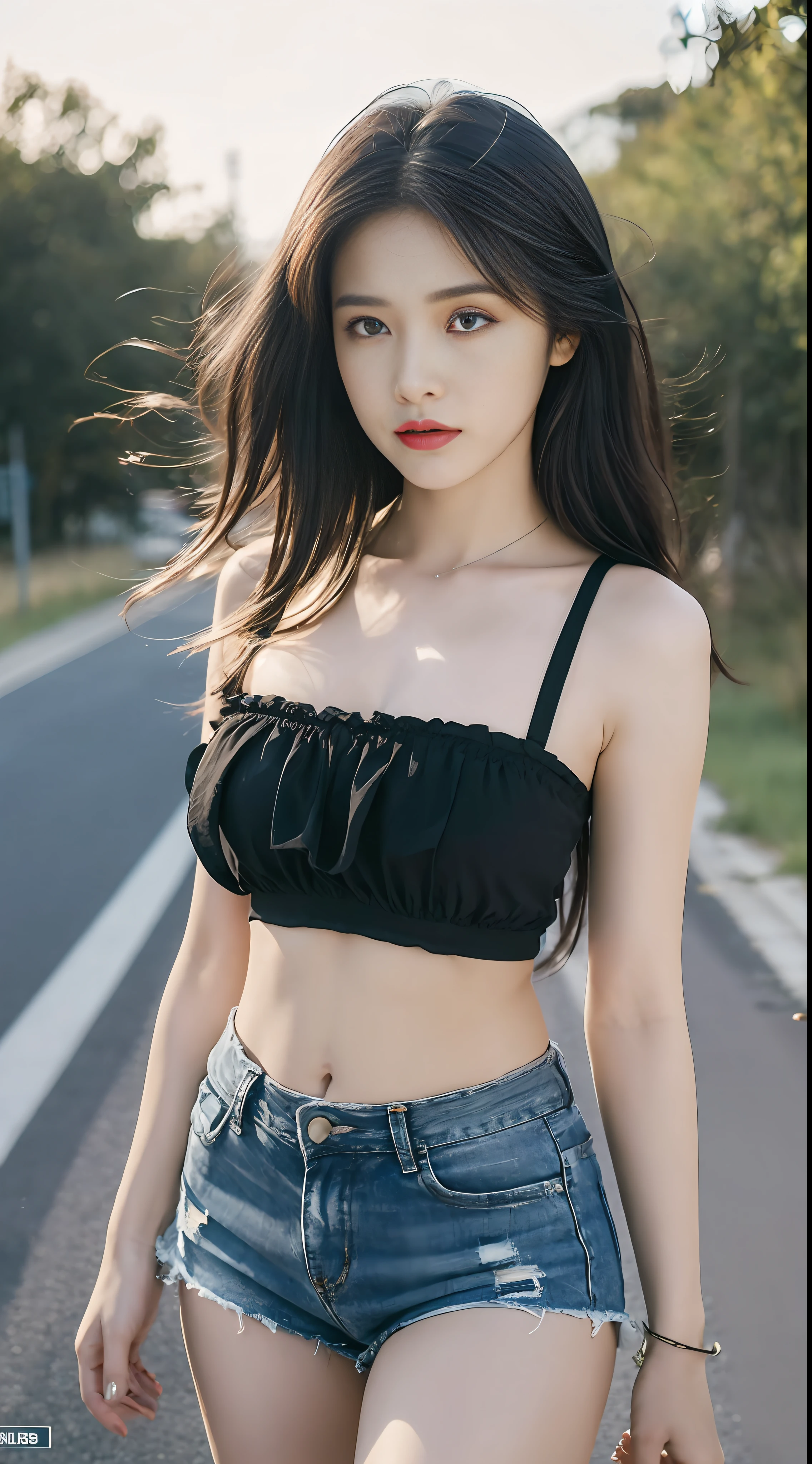 Ultra HD, masterpiece, highest resolution, highest detail, chiaroscuro, a young and beautiful woman, black hair, beautiful eyes, long eyelashes, sad expression, human eye perspective, wearing black bandeau, blue shorts, standing on the road