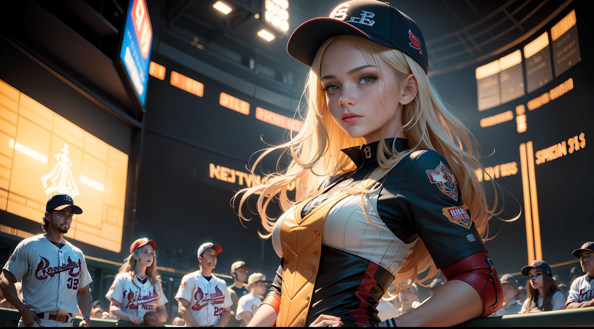 Teddi Mansueto, full body potrait of a photorealistic beautiful woman, (spectating a baseball game:1.5), hands in pockets:1.25, staring at camera in front, intense coloration fantasy, light hair, a stunning realistic photograph 20 years , random colored hair, (St Louis Cardinals fan fashion:1.3), random color eyes, full body, cover, hyperdetailed painting, luminism, octane render, Bar lighting, complex, 8k resolution concept art portrait by Martina Fačková and Prywinko Art, Artgerm, WLOP, Alphonse Mucha, Tony Taka, fractal isometrics details bioluminescence, hypereallistic cover photo awesome full color, hand drawn, bright, gritty, realistic, davinci, erte .12k, intricate. hit definition , cinematic,Rough sketch, mix of bold dark lines and loose lines, bold lines, on paper , real life human