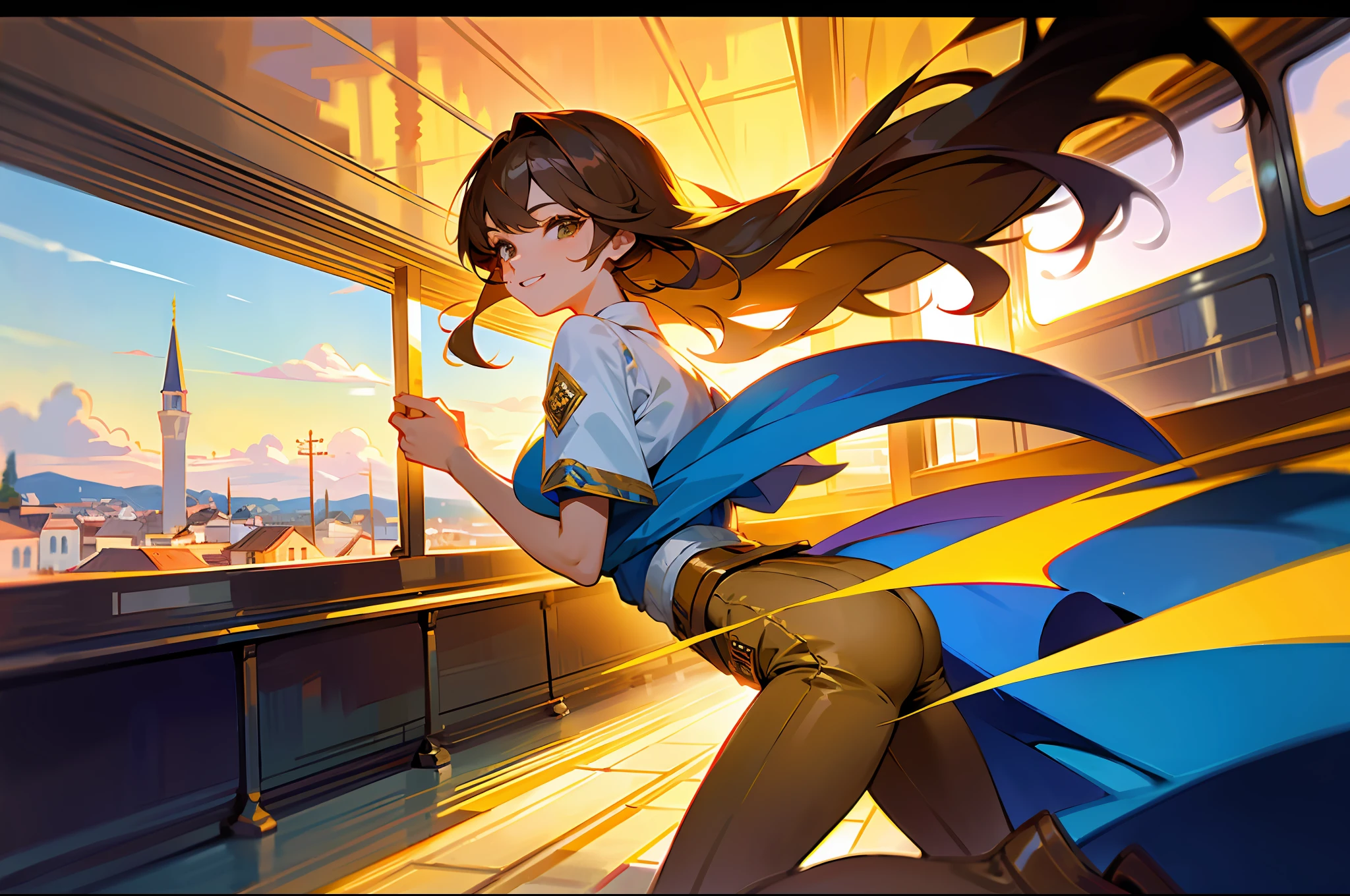 (masterpiece, top quality: 1.2), super detailed, cinematic lighting, HDR, beautiful girl riding retro chinchin train, looking at camera with one foot on boarding deck, tram, brown long hair, from the side, sun, clouds, sunlight through trees, contrails, rays, slim body, hot pants, white blouse, beautiful smile, beautiful girl with whole body, clean detailed face, complex clothes, shining shadows, A beautiful town in southern Europe,