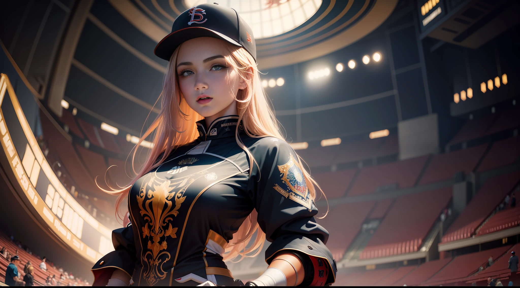Teddi Mansueto, full body potrait of a photorealistic beautiful woman, (spectating a baseball game:1.5), hands in pockets:1.25, staring at camera in front, intense coloration fantasy, light hair, a stunning realistic photograph 20 years , random colored hair, (St Louis Cardinals fan fashion:1.3), random color eyes, full body, cover, hyperdetailed painting, luminism, octane render, Bar lighting, complex, 8k resolution concept art portrait by Martina Fačková and Prywinko Art, Artgerm, WLOP, Alphonse Mucha, Tony Taka, fractal isometrics details bioluminescence, hypereallistic cover photo awesome full color, hand drawn, bright, gritty, realistic, davinci, erte .12k, intricate. hit definition , cinematic,Rough sketch, mix of bold dark lines and loose lines, bold lines, on paper , real life human