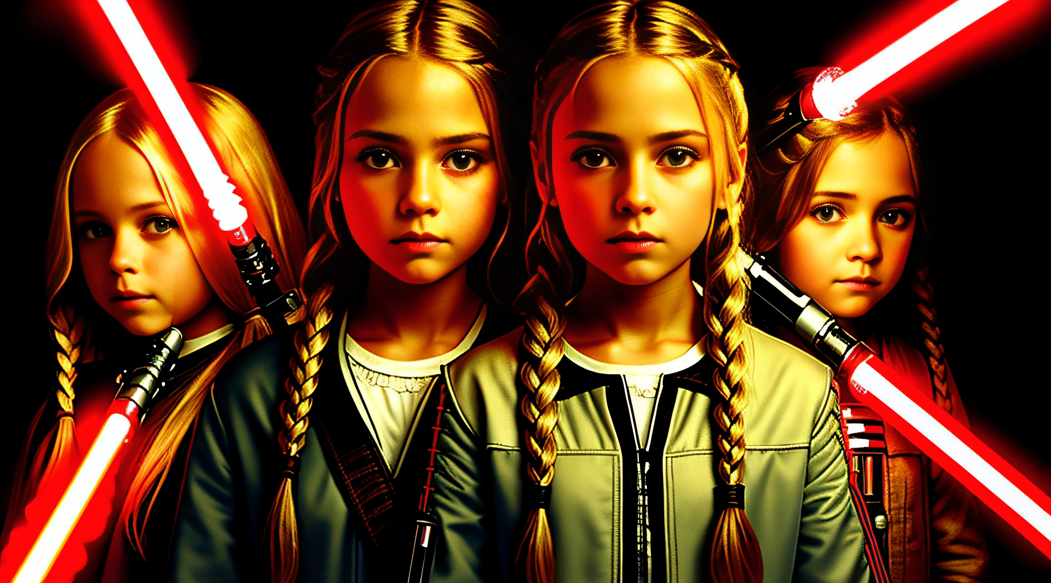 4 GIRLS Russian children with 20 years WITH LONG STRAIGHT BLONDE HAIR WITH BRAIDS , PORTRAIT STYLE, , CLOSEUP standing in a tunnel with a red lightsaber, 4K lightsaber wallpaper, digital art