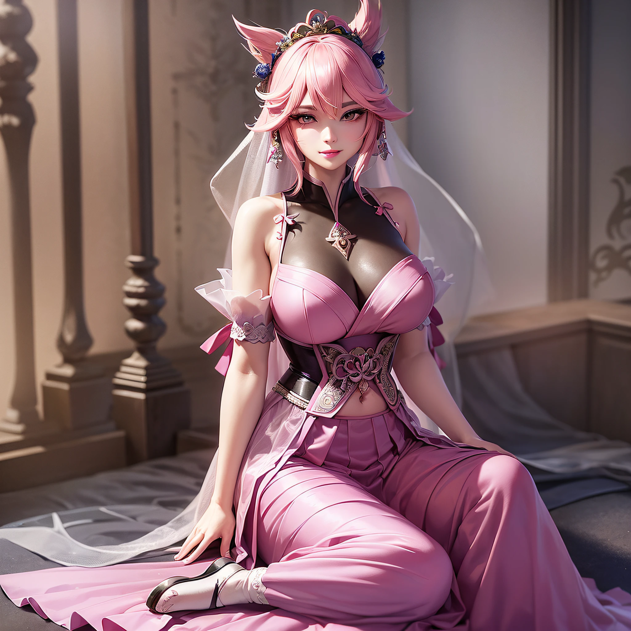 nighttime,full body,Genshin Impact:Yae Miko,(((Wearing palace wedding dress, Long skirt, large hem,Fabric: Chiffon ))), in Pink Rose Castle, Masterpiece,best quality,extremely detailed 3DCG, Cinema-4D ,8k,Photorealistic， ( ##tattoo ##,tattoo, ~+ tattoo), (erfect female curves),(A seductive gaze), Facing the camera, Pink lips,Blacklight lighting,