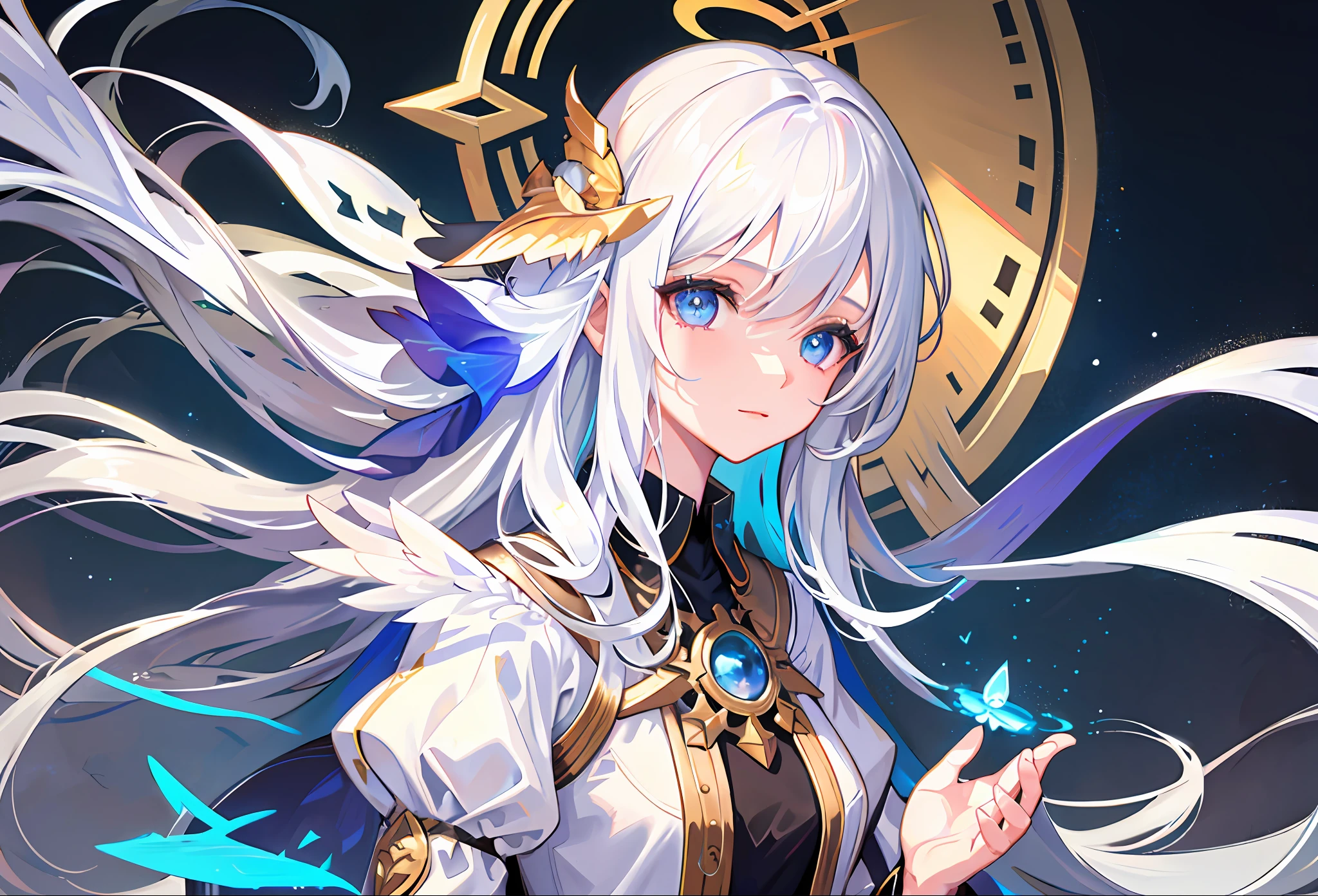 1girl, solo, wallpaper, best quality, mastery, oil painting\(medium\), heaven, long hair, white hair, angel, wings, floating island, detail background, (detailed eye description), (detailed face description), colorful, hair ornament, halo, veil, white hair, blue eyes