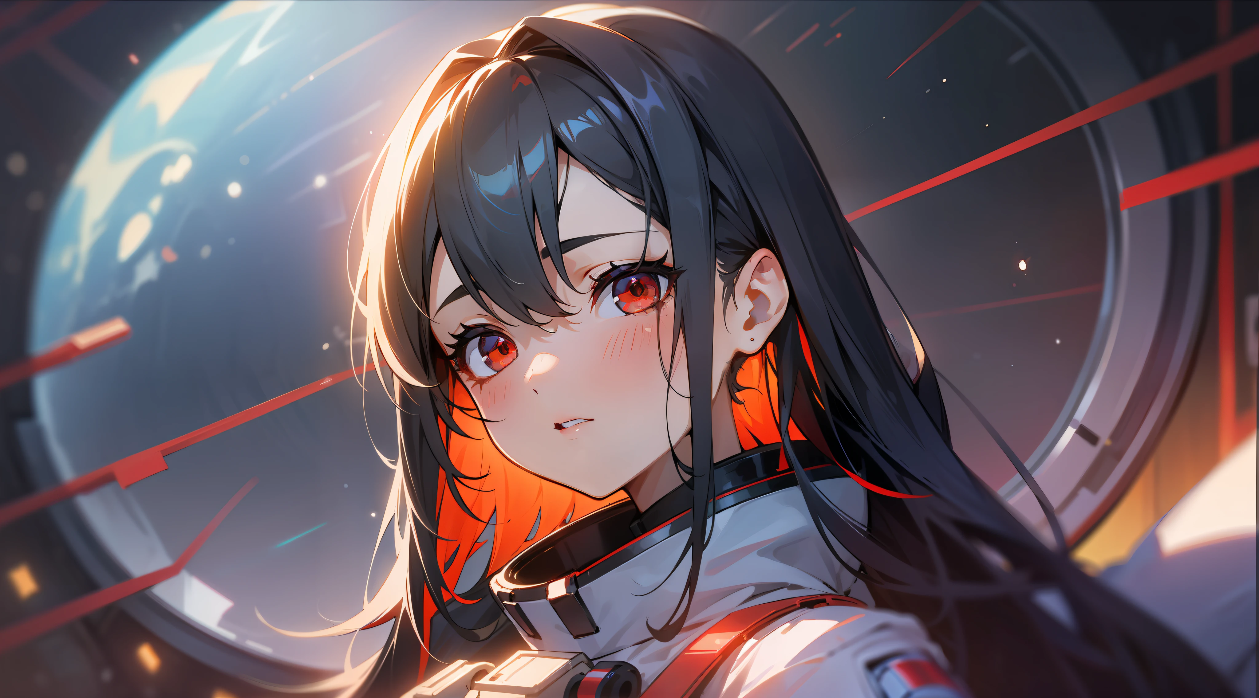 1girl, flat chest, cute, beautiful and detailed eyes, life on the space station, mirror props, shiny hair, visible through hair, hair between the eyes, white monochrome, , Soviet Union, communism, black hair, red eyes, vampires, girl, poor breasts, space suit: blurred foreground, HD, depth of field, bokeh, bust, medium shot, 56mm lens