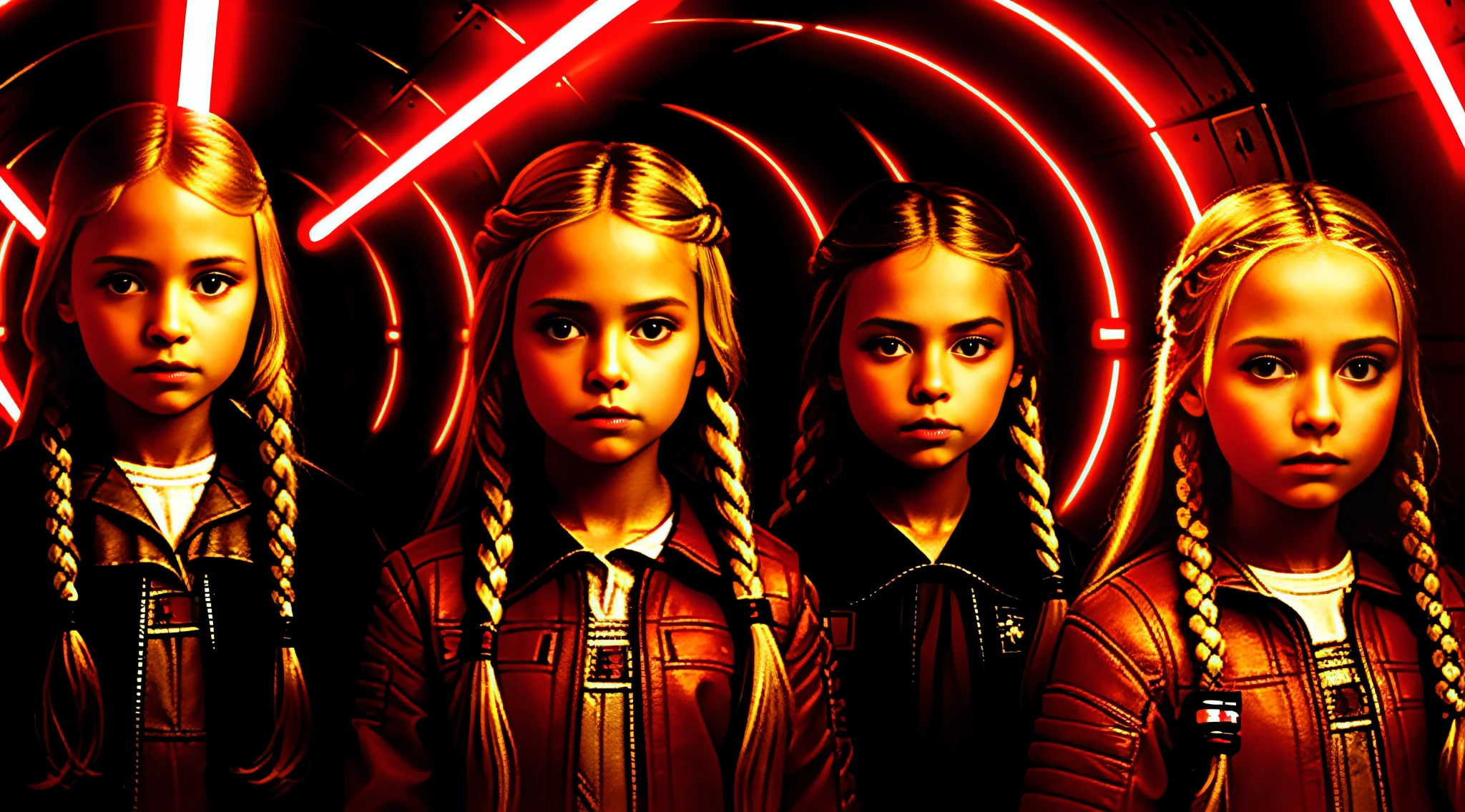 4 GIRLS Russian children with 20 years WITH LONG STRAIGHT BLONDE HAIR WITH BRAIDS , PORTRAIT STYLE, , CLOSEUP standing in a tunnel with a red lightsaber, 4K lightsaber wallpaper, digital art