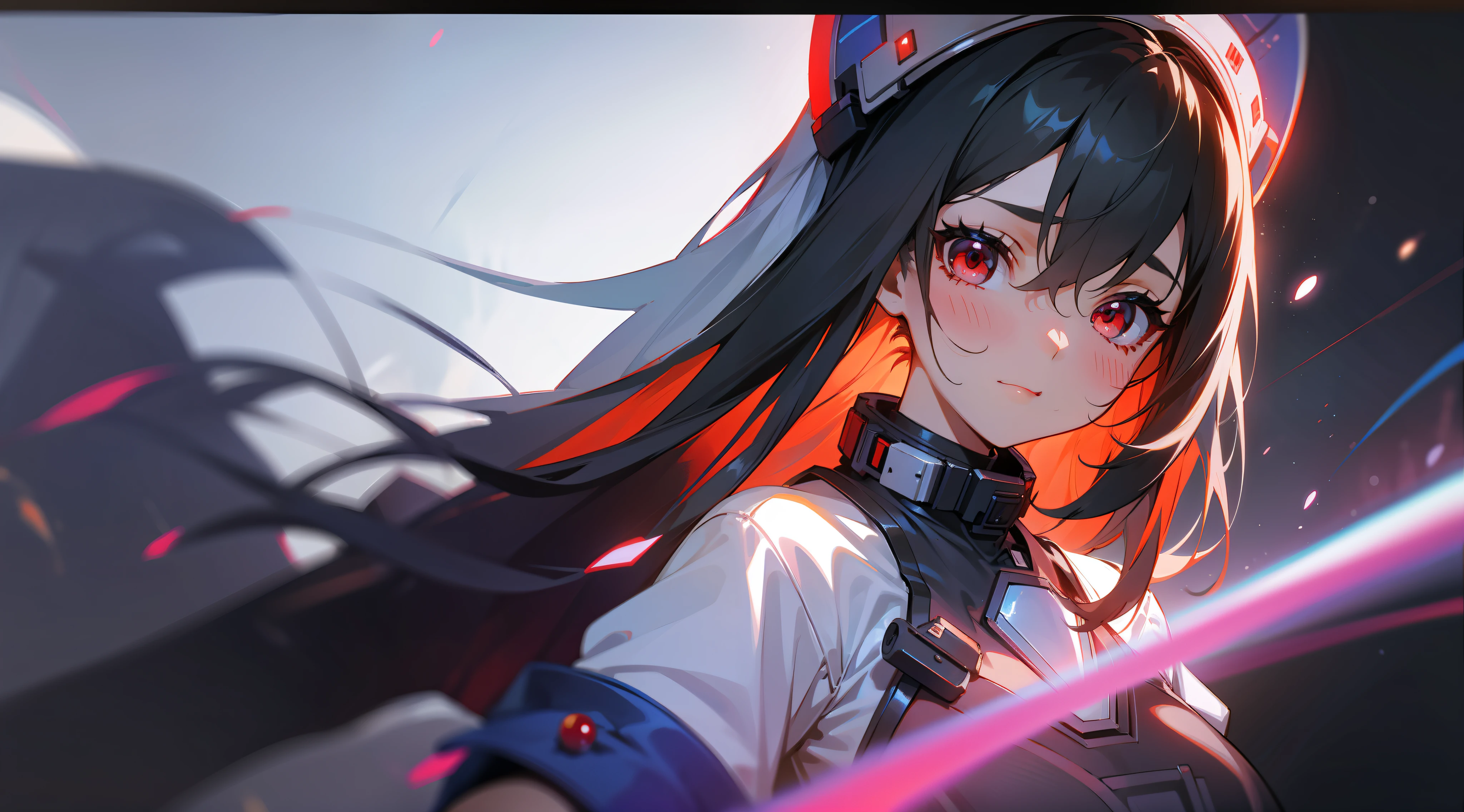 1girl, flat chest, cute, beautiful and detailed eyes, life on the space station, mirror props, shiny hair, visible through hair, hair between the eyes, white monochrome, , Soviet Union, communism, black hair, red eyes, vampires, girl, poor breasts, space suit: blurred foreground, HD, depth of field, bokeh, bust, medium shot, 56mm lens
