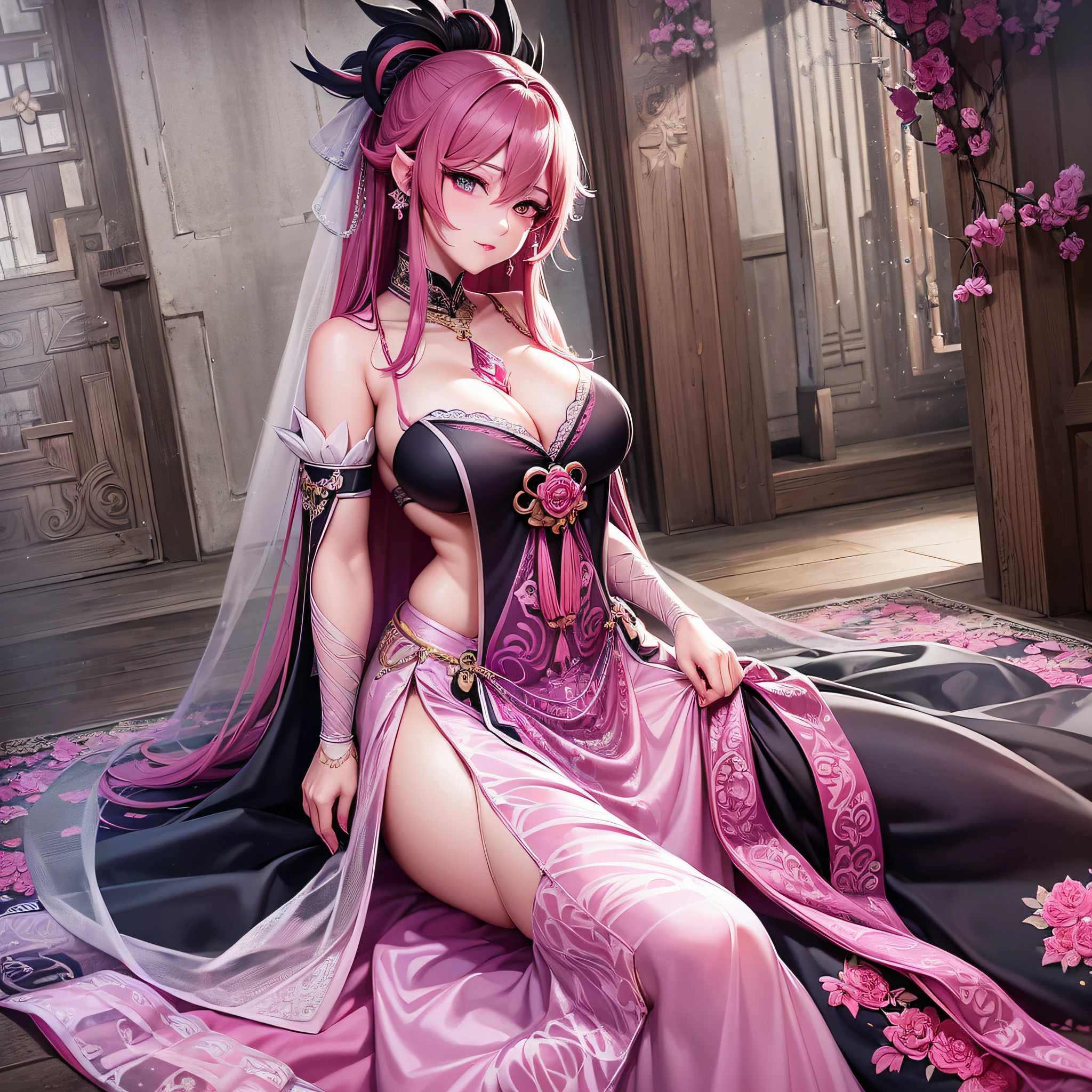 nighttime,full body,Genshin Impact:Yae Miko,(((Wearing palace wedding dress, Long skirt, large hem,Fabric: Chiffon ))), in Pink Rose Castle, Masterpiece,best quality,extremely detailed 3DCG, Cinema-4D ,8k,Photorealistic, ( ##tattoo ##,tattoo, ~+ tattoo), (erfect female curves),(A seductive gaze), Facing the camera, Pink lips,Blacklight lighting,