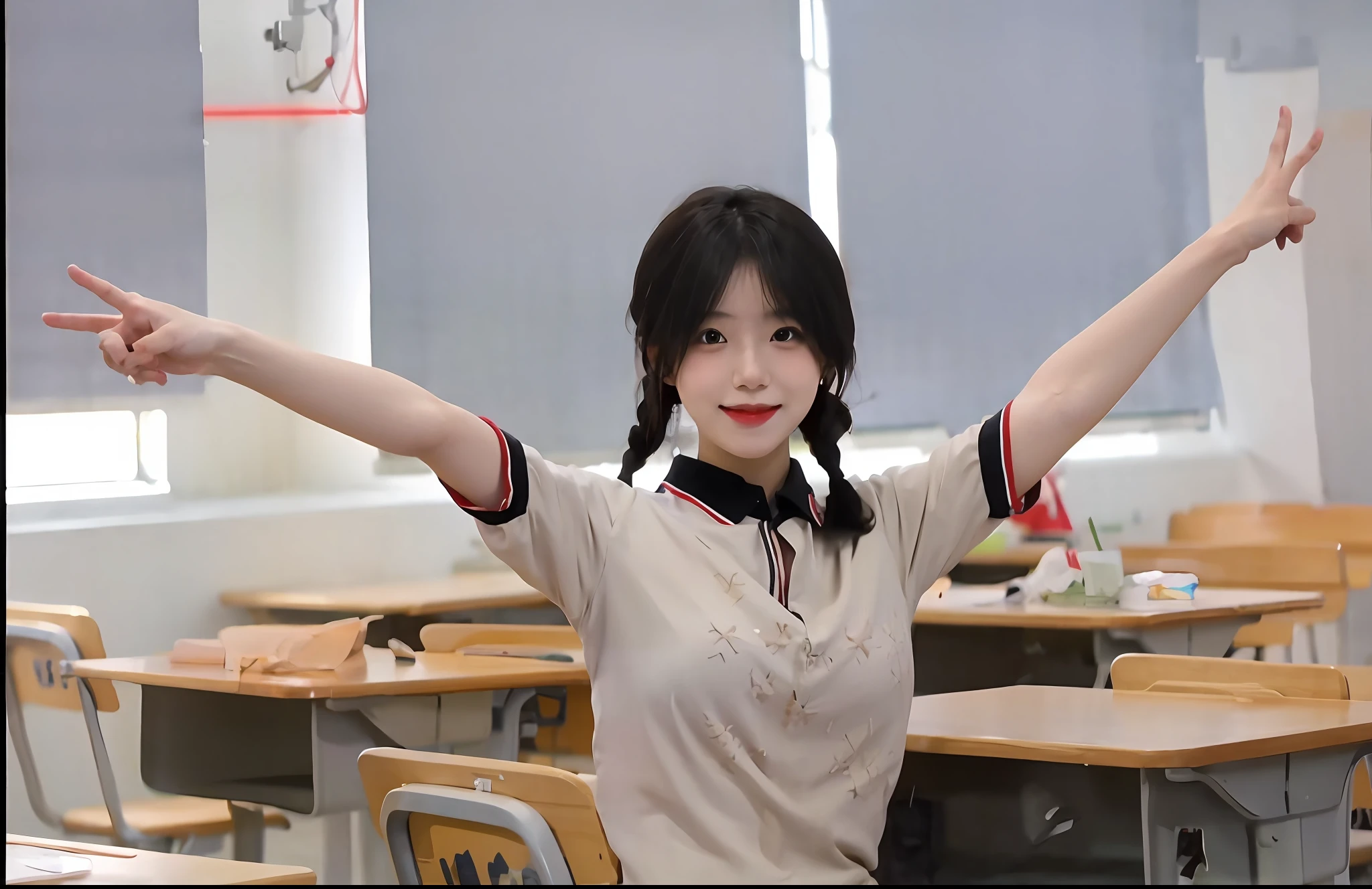 There is a woman standing in a classroom with her arms outstretched, anime pose, shot with Canon 8 0 D, a surreal schoolgirl, shot with Canon EOS 5 D, shot on Canon EOS R 6, shot with Canon EOS 5 D Mark IV, charming smile, 4k