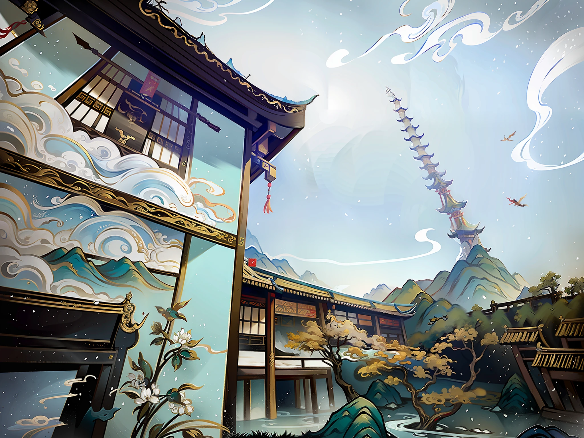 An ancient Chinese painting, ancient Chinese background, mountains, rivers, auspicious clouds, pavilions, sunshine, masterpieces, super detail, epic composition, ultra HD, high quality, extremely detailed, official art, unified 8k wallpaper, Super detail, 32k -- v 6