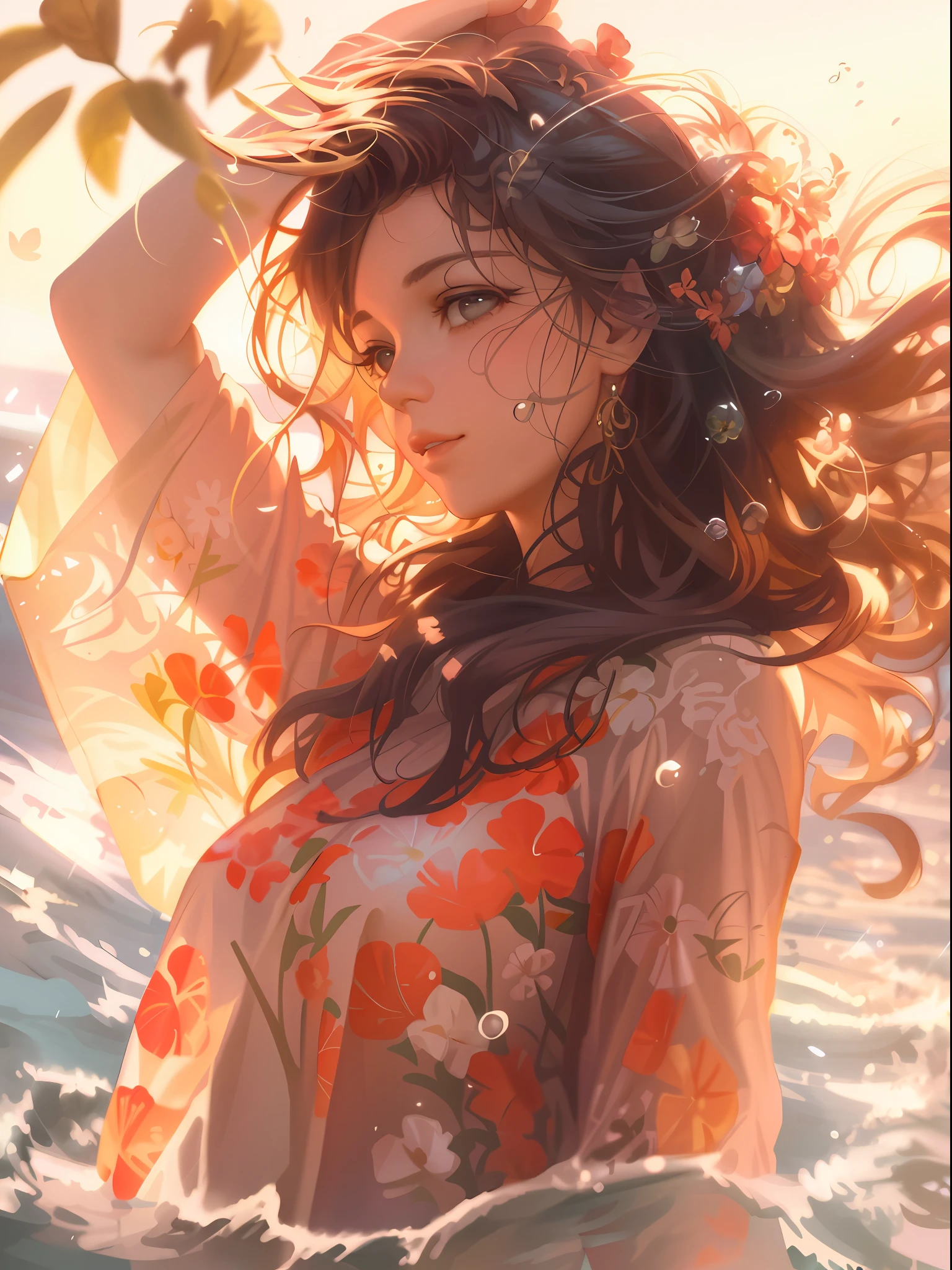 there is a woman in a floral top standing in the water, beautiful digital artwork, beautiful digital illustration, ross tran 8 k, 🌺 cgsociety, in the style of ross tran, stunning digital illustration, artgerm and atey ghailan, ross tran style, loish and ross tran, gorgeous digital painting, inspired by Ross Tran