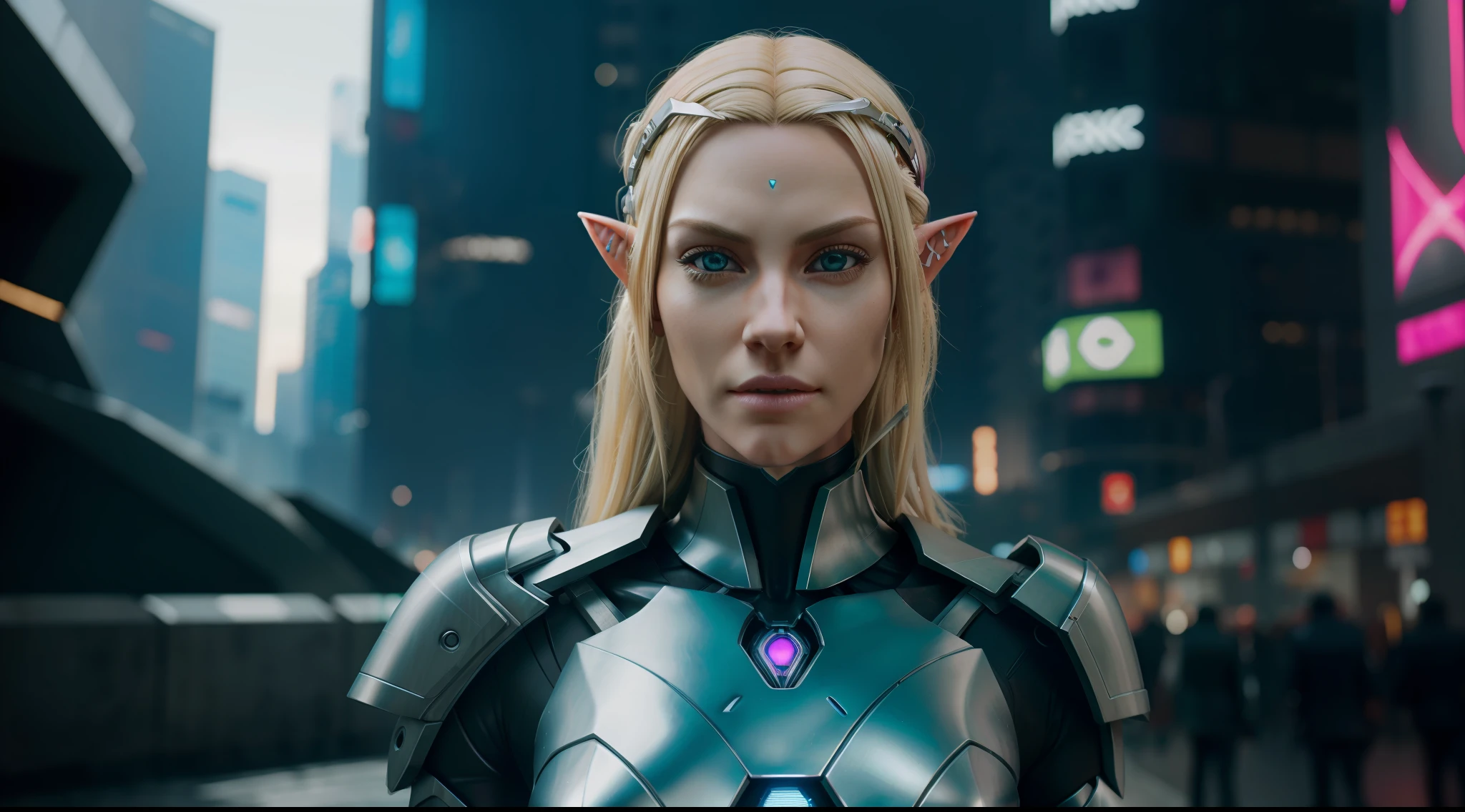 blond elf, green eyes, with cybernetic enhancements, alone, from the torso up, in front of a statue, cyberpunk city background, vibrant, photorealistic, realistic, hyper-realism, insanely detailed, dramatic, dark, sharp focus, 8k