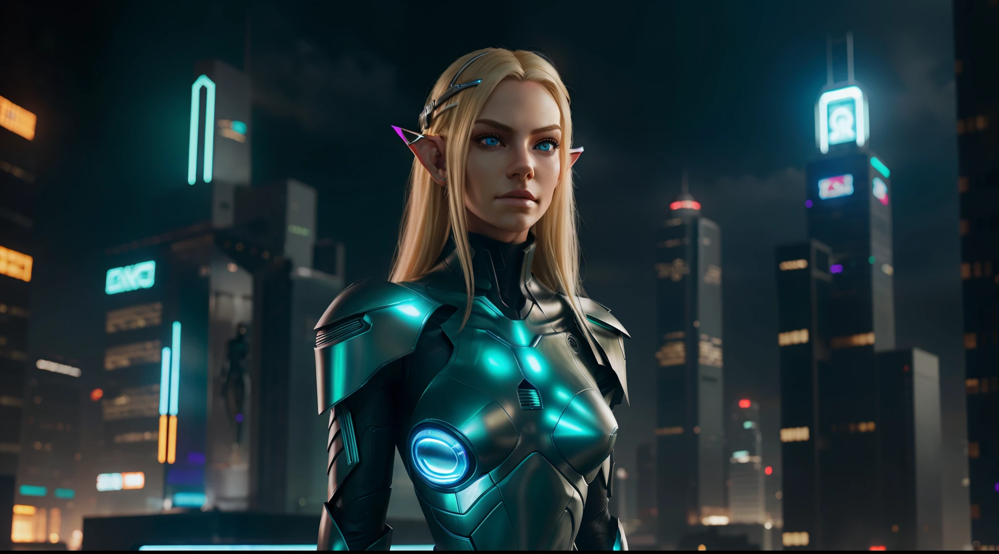 blond elf, green eyes, with cybernetic enhancements, alone, from the torso up, in front of a statue, cyberpunk city background, vibrant, photorealistic, realistic, hyper-realism, insanely detailed, dramatic, dark, sharp focus, 8k