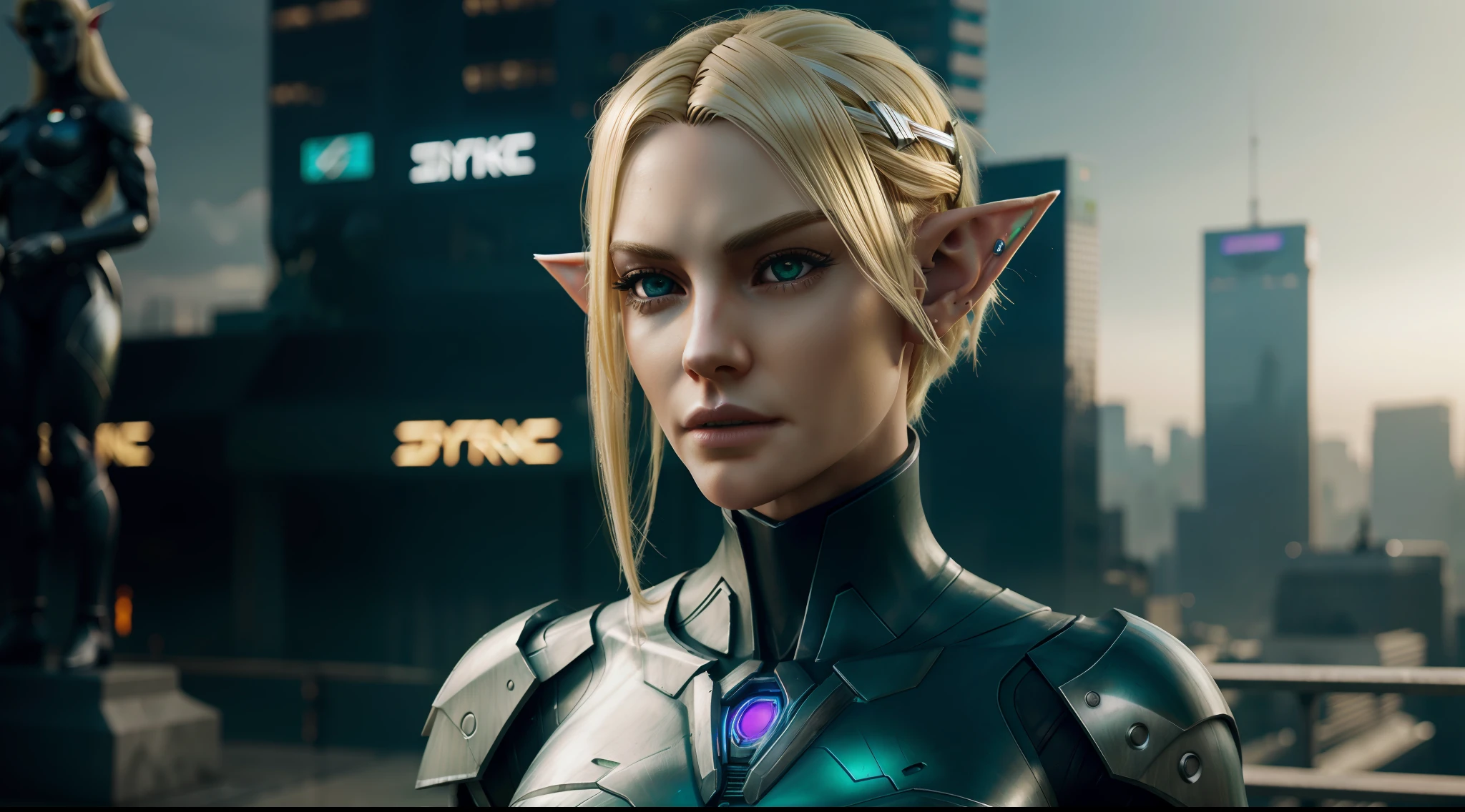blond elf, green eyes, with cybernetic enhancements, alone, from the torso up, in front of a statue, cyberpunk city background, vibrant, photorealistic, realistic, hyper-realism, ly detailed, dramatic, dark, sharp focus, 8k