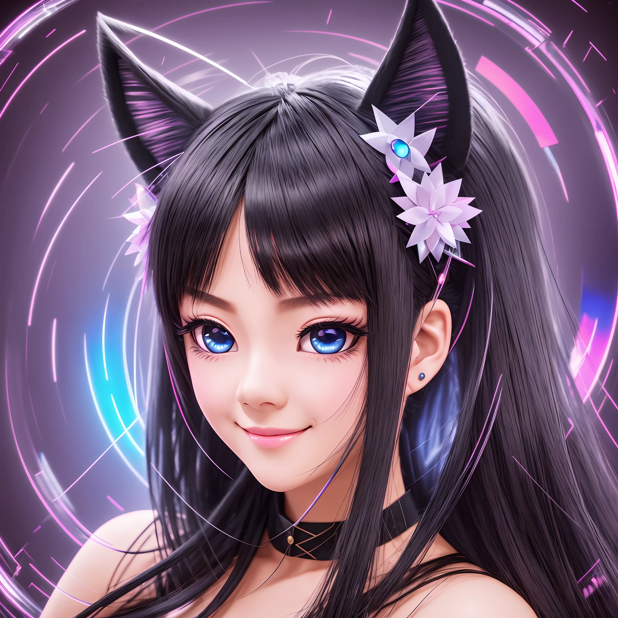 black hair, hair bobbles, wince, longeyelashes, solid circle eyes, fake animal ears, light smile, ear blush, fang, Surrealism, drop shadow, anaglyph, stereogram, tachi-e, pov, atmospheric perspective, 8k, super detail, ccurate, best quality --auto --s2