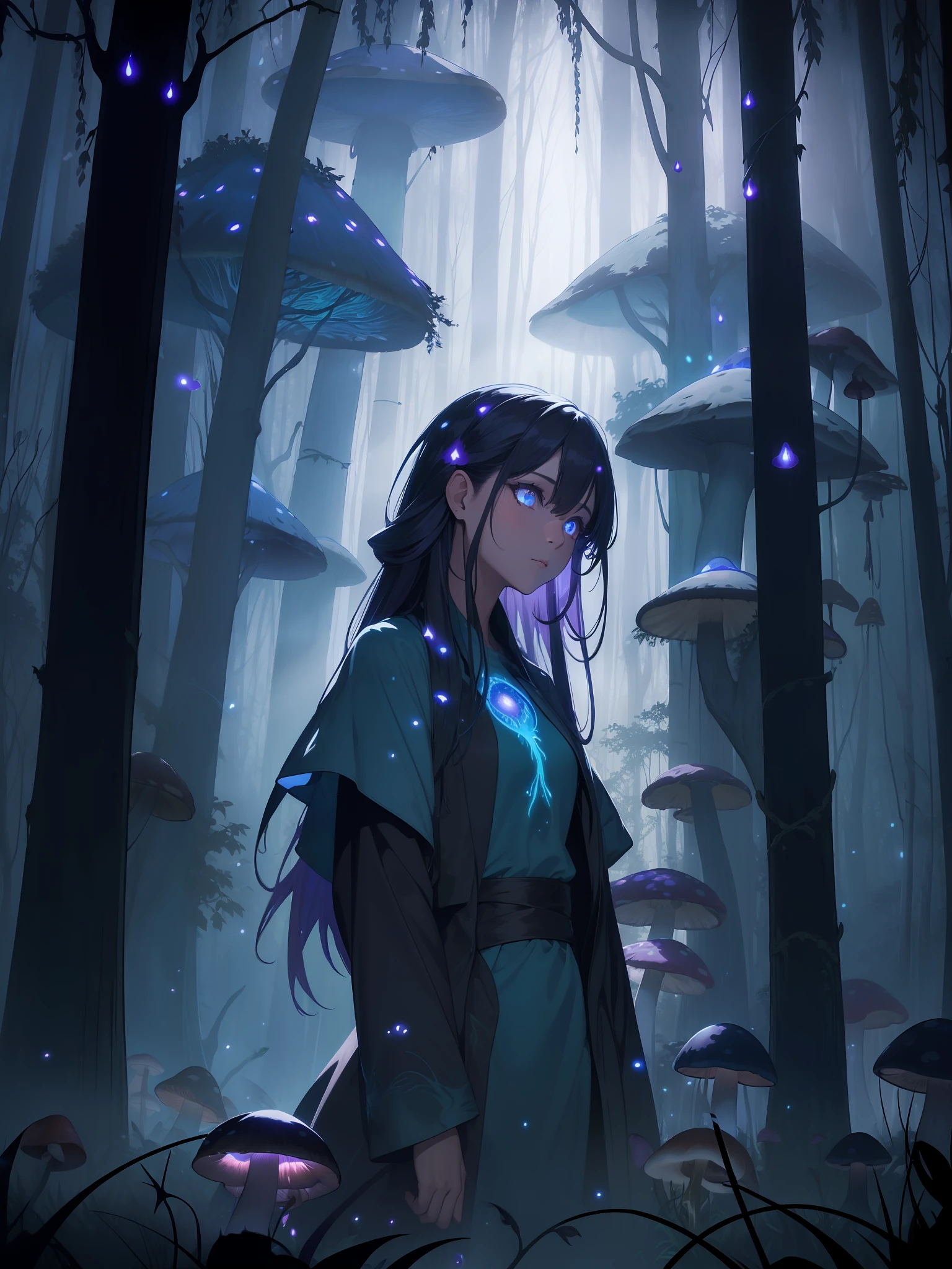 (((Mystical forest))), ((weeping willow)), ((mushrooms)), (vines), blue underglow, (fireflies), midnight, dark, full moon, ((glowing eyes)), purple eyes, (((silhouette))), blue glow, (((dense fog))), ((raining)), shadow beast